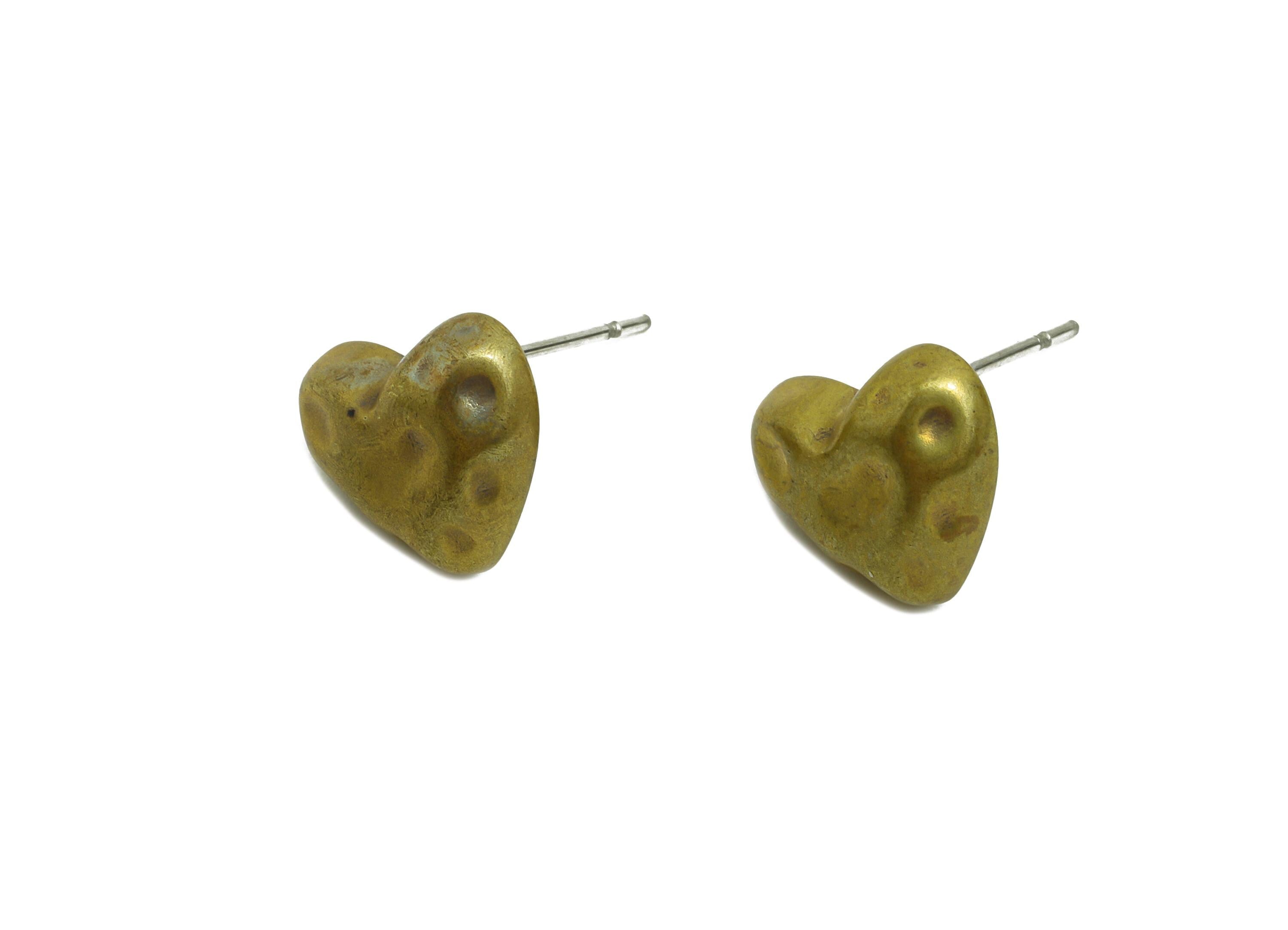 Vintage Brass Heart Stud Earring - Raw Brass Textured Handcrafted Heart Earring Post - Brass Artisan Jewelry - 10.5x12.43x3.83mm - PP10828 - DOMEDBAZAAR