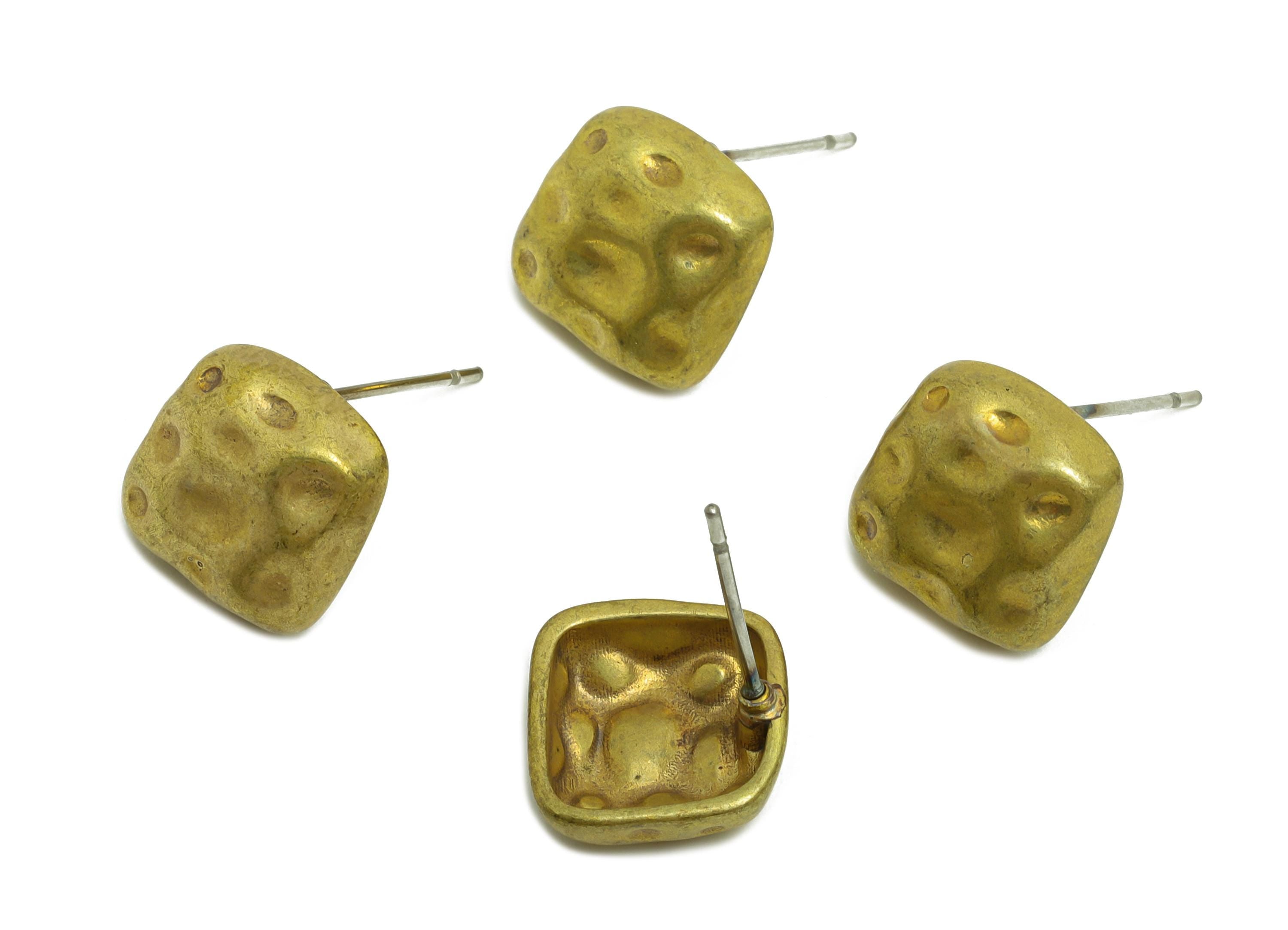 Vintage Brass Square Stud Earring - Raw Brass Textured Handcrafted Geometry Earring Post - Brass Artisan Jewelry - 11.9x11.38x4mm - PP10827 - DOMEDBAZAAR