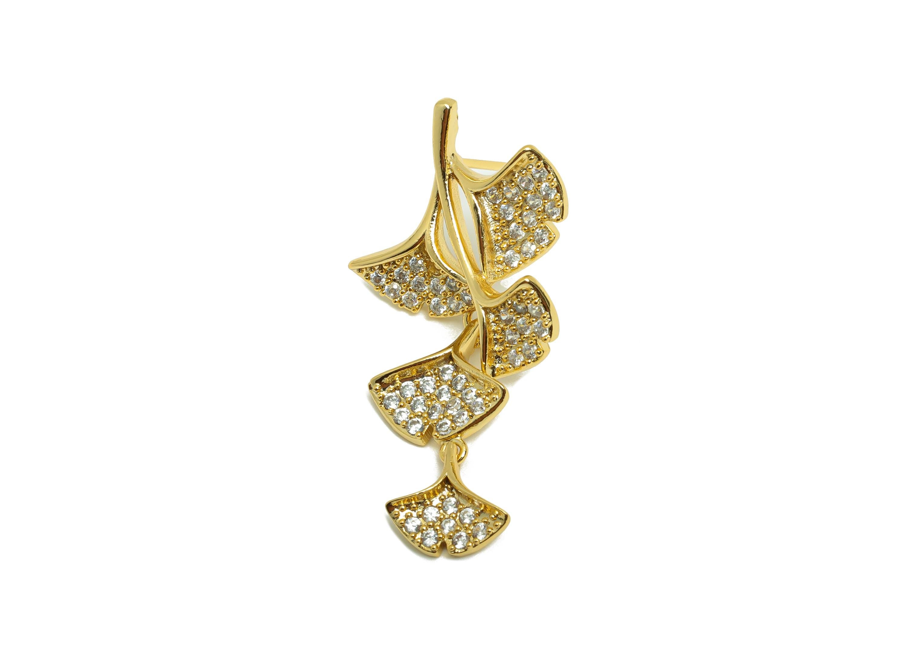 Brass Ginkgo Dangle Earring - Gold Zircon Leaves Earring - Daily Wear Dangle Earring Post - 18K Real Gold Plating-38.77x19.39x2.61mm-RGP9030 - DOMEDBAZAAR