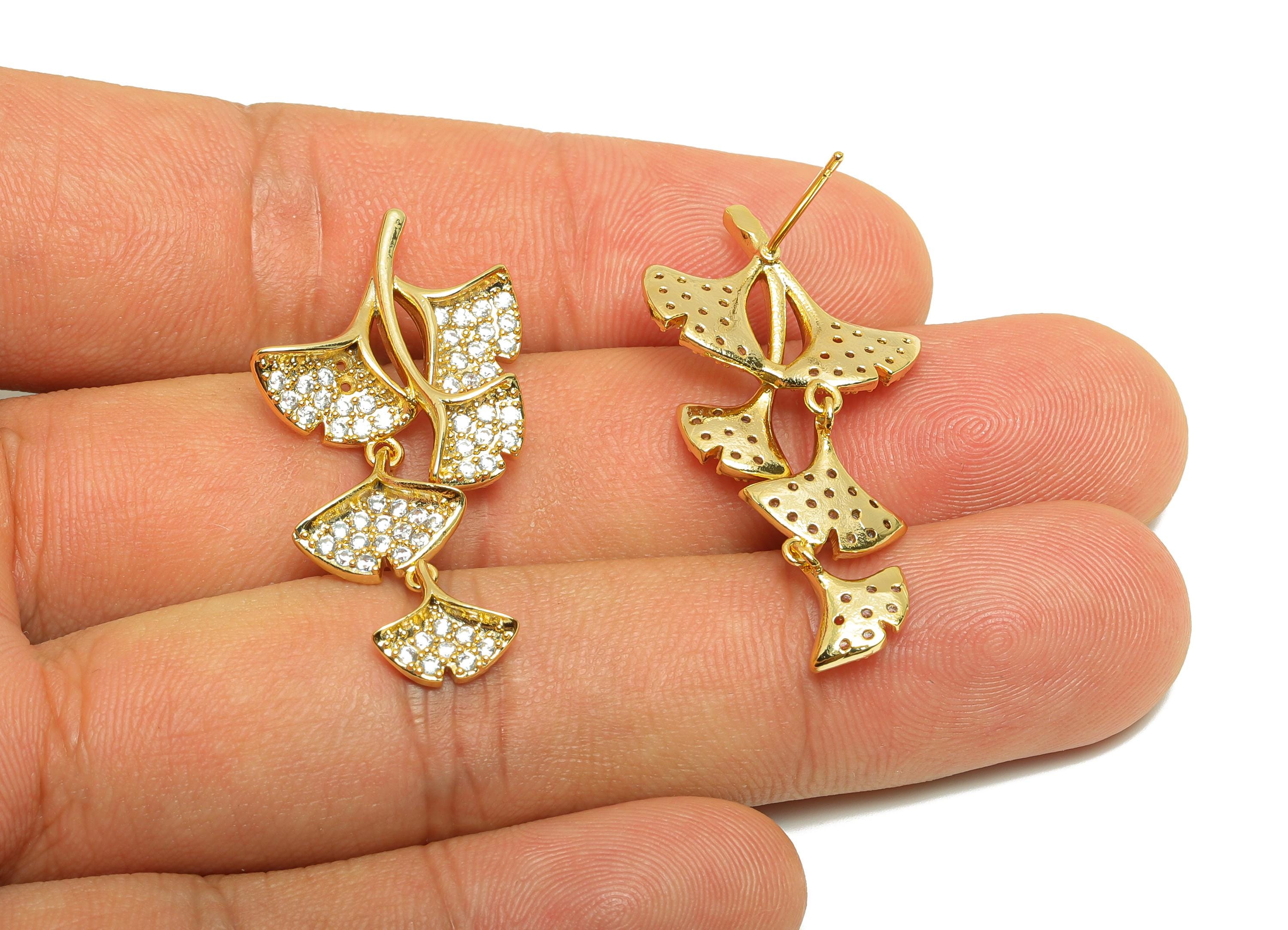 Brass Ginkgo Dangle Earring - Gold Zircon Leaves Earring - Daily Wear Dangle Earring Post - 18K Real Gold Plating-38.77x19.39x2.61mm-RGP9030 - DOMEDBAZAAR
