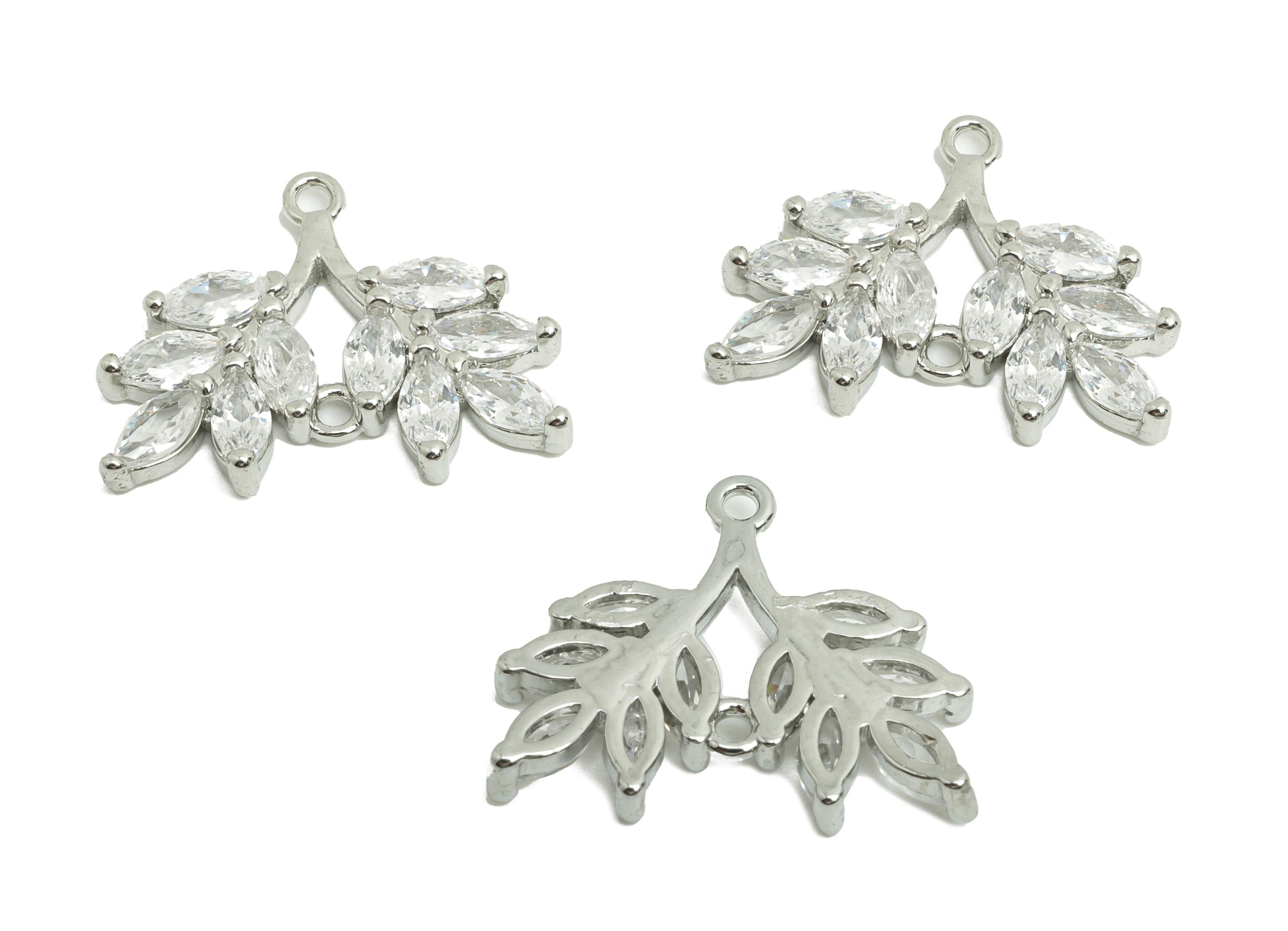 Brass Leaf Earring Charm - Brass Zircon Botanical Pendant - Brass Silver Sparkling Marquise - Elegant Jewelry - 19.2x15.5x2.6mm - RGP10127 - DOMEDBAZAAR