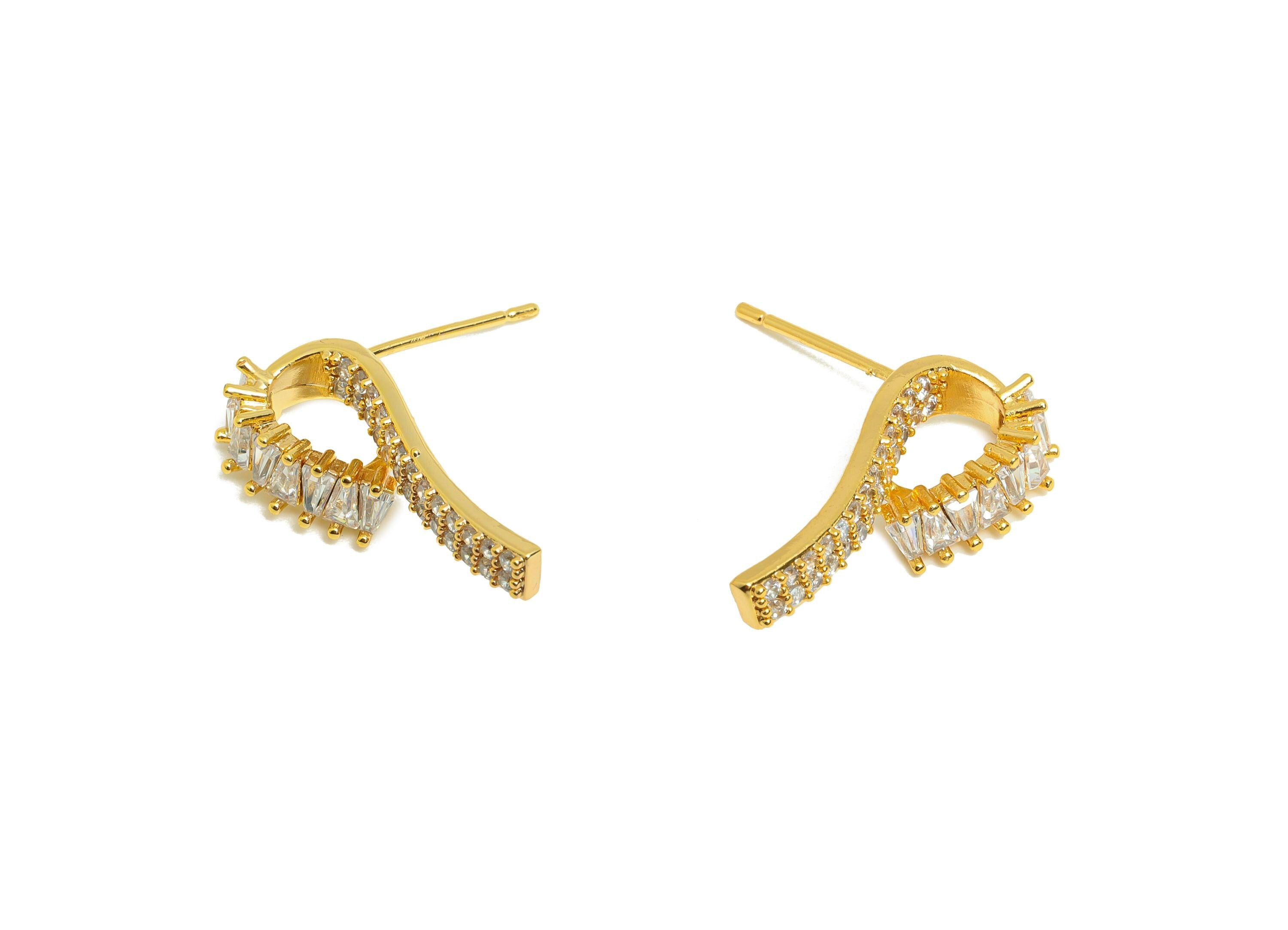 Brass Curved Bar Earring - Zircon Irregular Earring for Girls - Gold Daily Wear Earring - 18K Real Gold Plating - 23.43x6.78x1.79mm- RGP9035 - DOMEDBAZAAR