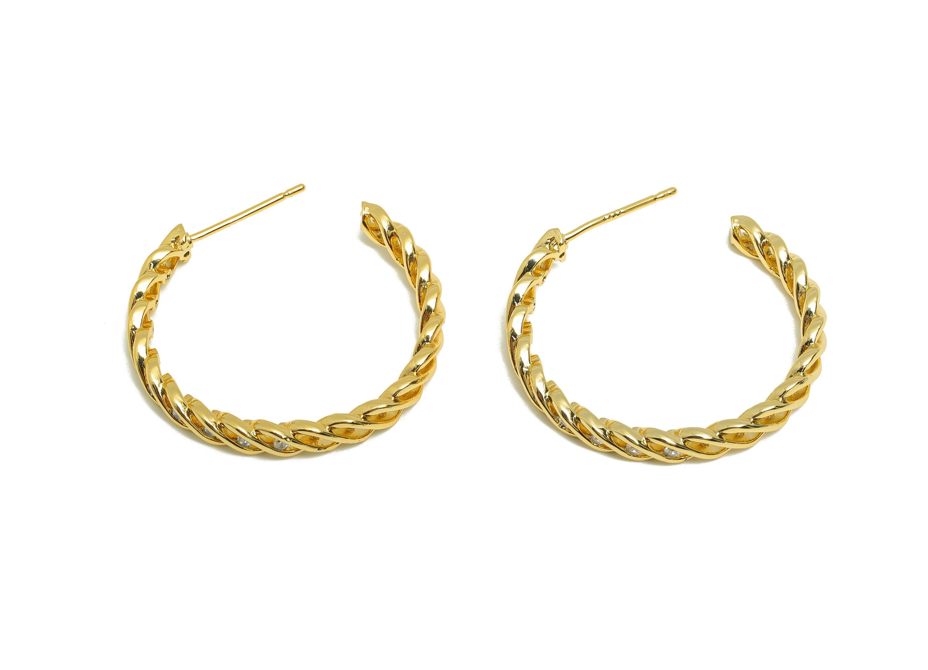 Brass Twisted Earring Stud - Gold C Hoop Earring Post for Girl- Zircon Daily Wear Earring - 18K Real Gold Plated -27.3x24.46x2.48mm- RGP9038 - DOMEDBAZAAR