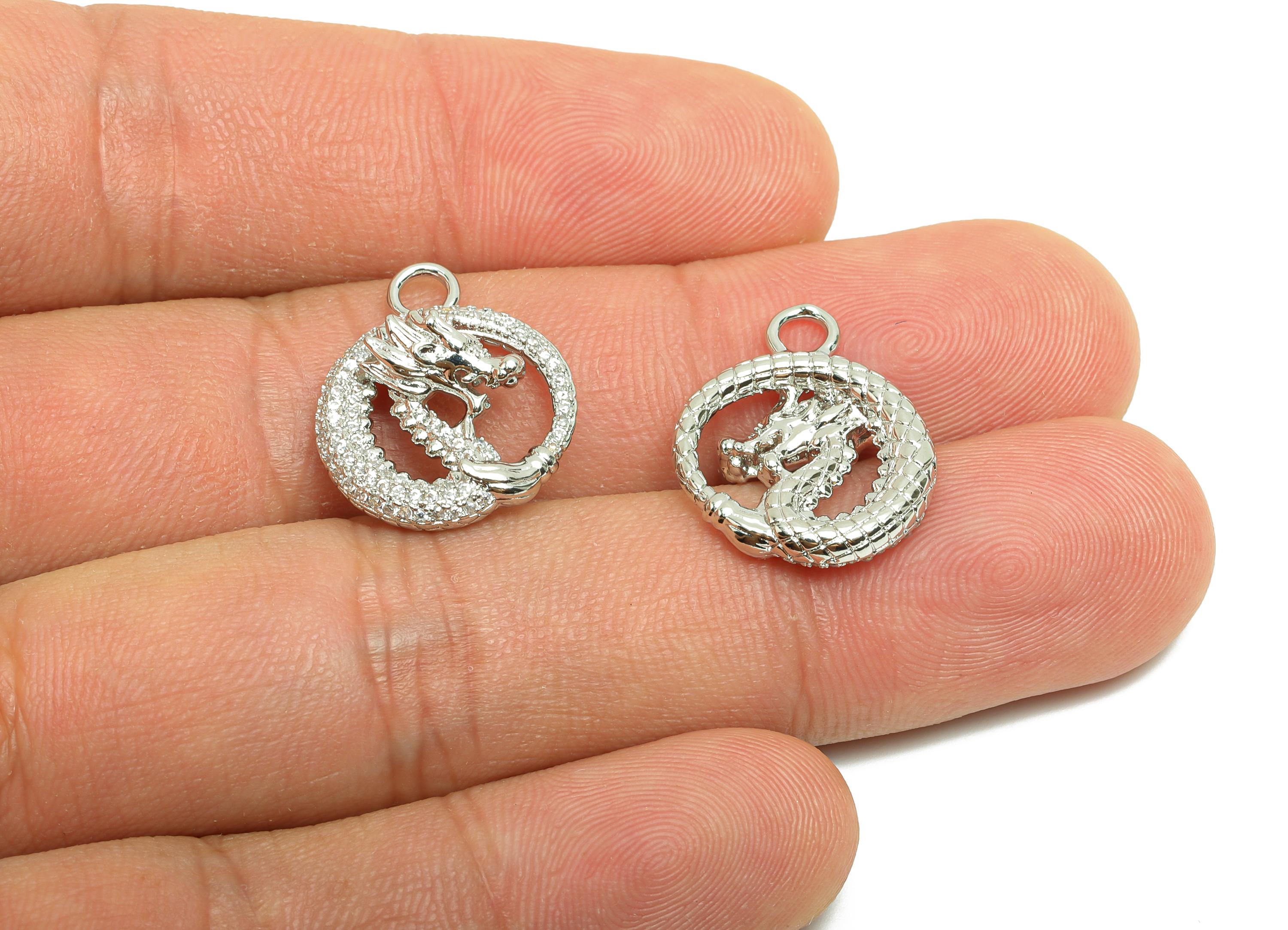 Brass Earring Charm - Brass Textured Dragon Charm - Brass Animal Silver Pendant - 18K Real White Gold Plating - 19.2x16.7x6mm - RGP9992 - DOMEDBAZAAR
