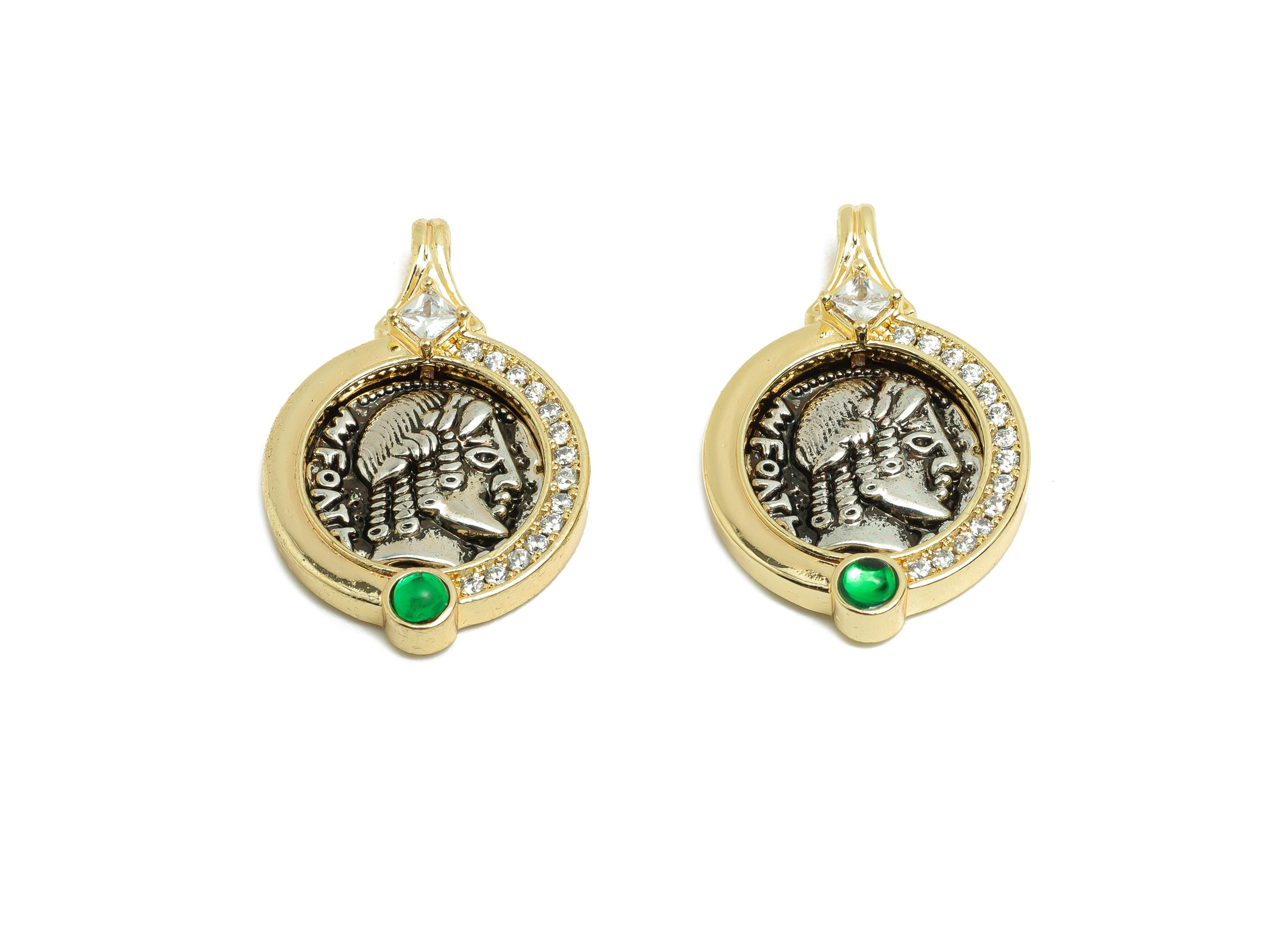 Brass Portrait Earring Charm - Brass Cubic Zircon Charm - Silver Tone Plating - Vintage Pendant - 18K Real Gold Plating - 26x17x4mm -RGP9966 - DOMEDBAZAAR