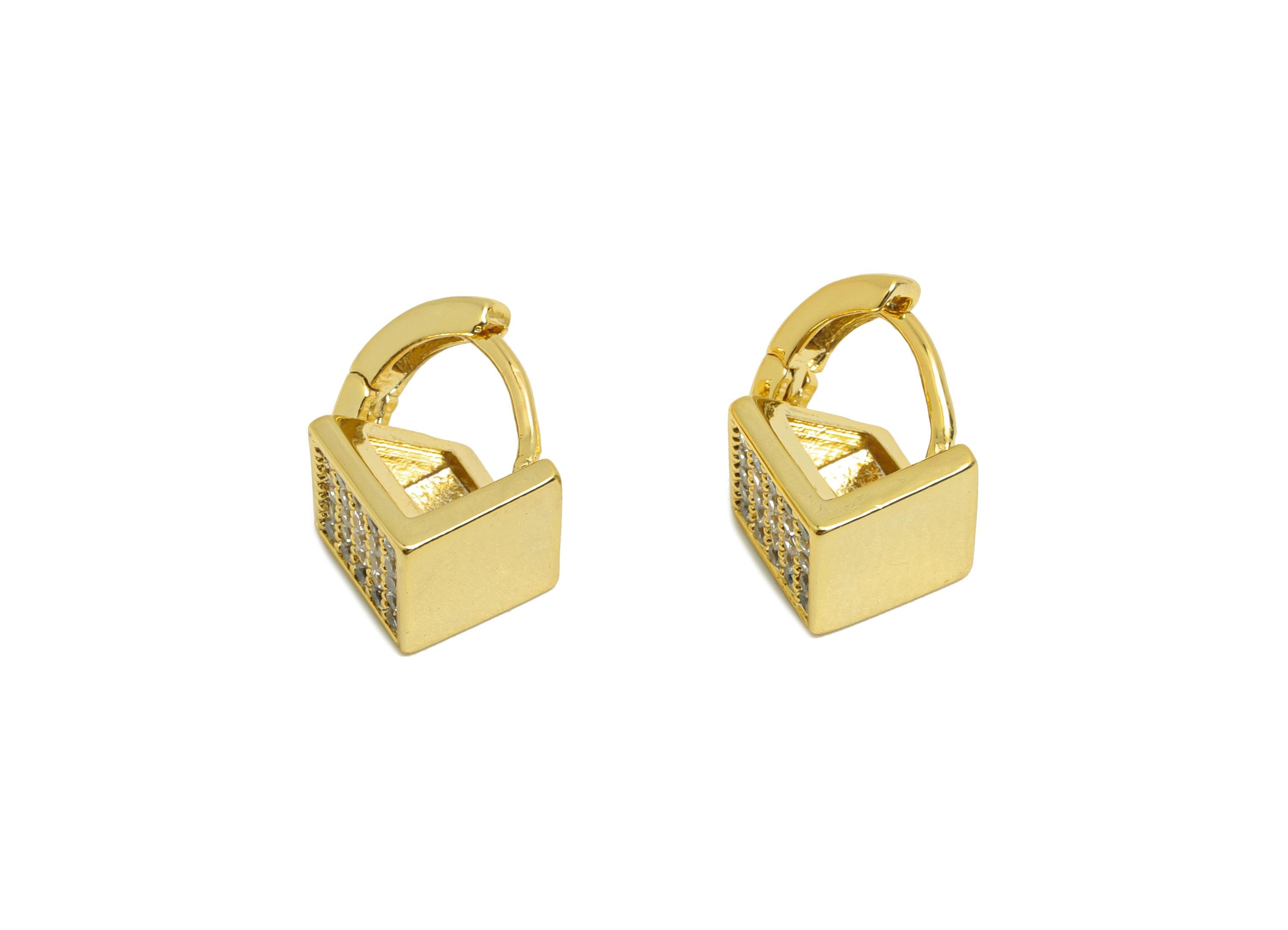 Brass Cube Hoop Earring - Gold Zircon Square Earring - CZ Cube Huggie Hoop Earring Clasps- 18K Real Gold Plating - 12.3x12x7.4mm - RGP8790 - DOMEDBAZAAR
