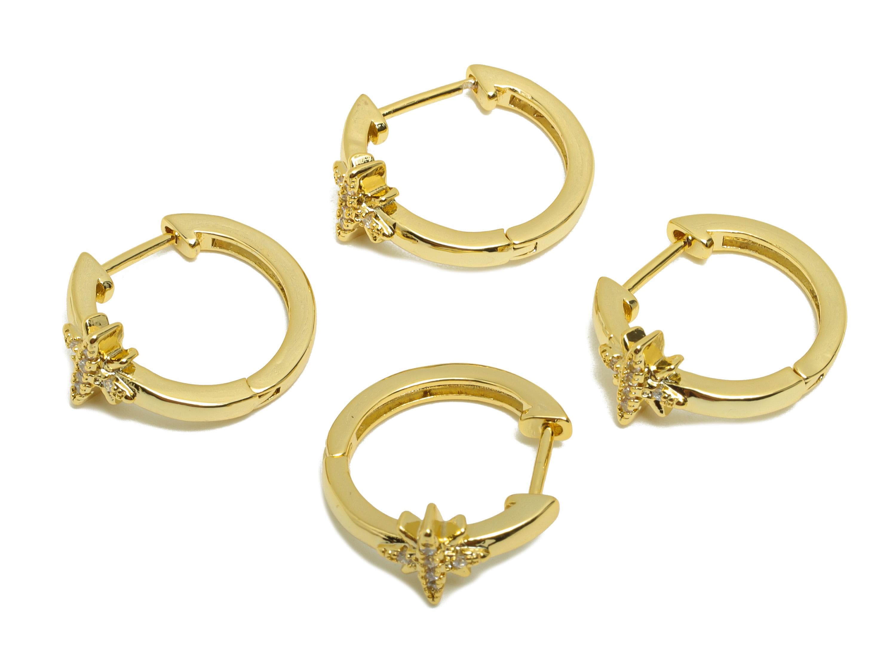 Brass Huggie Hoop Earring - Zircon North Star Earring for Women - Gold Daily Wear Ear Clasp - 18K Real Gold Plating - 18.7x17x7.7mm- RGP8801 - DOMEDBAZAAR