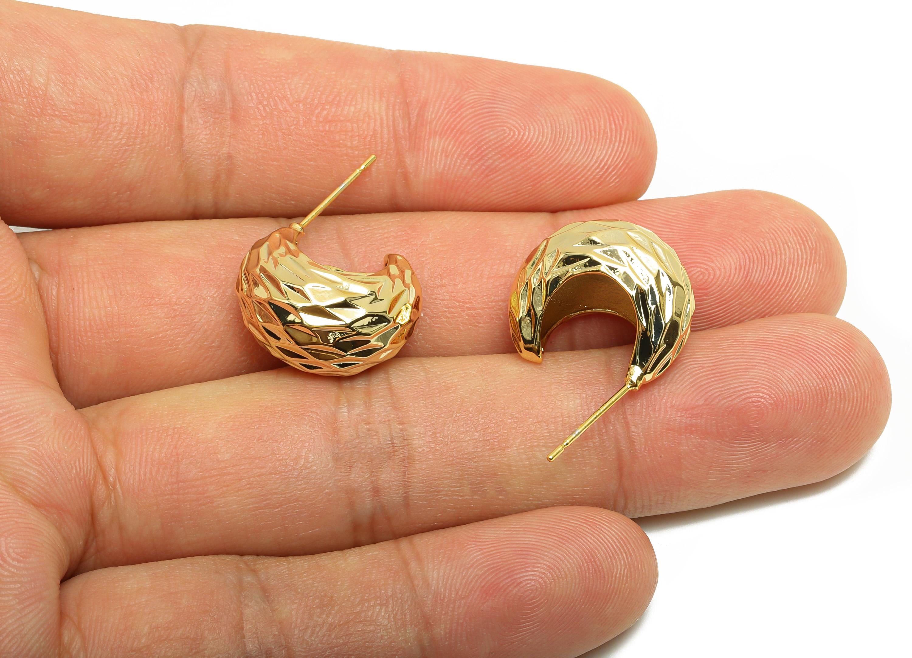 Brass Moon C Hoop Earring - Gold Textured Earring Stud for Woman's - Thick Moon Earring Post - 18K Real Gold Plated - 28x17.6x10mm - RGP8804 - DOMEDBAZAAR