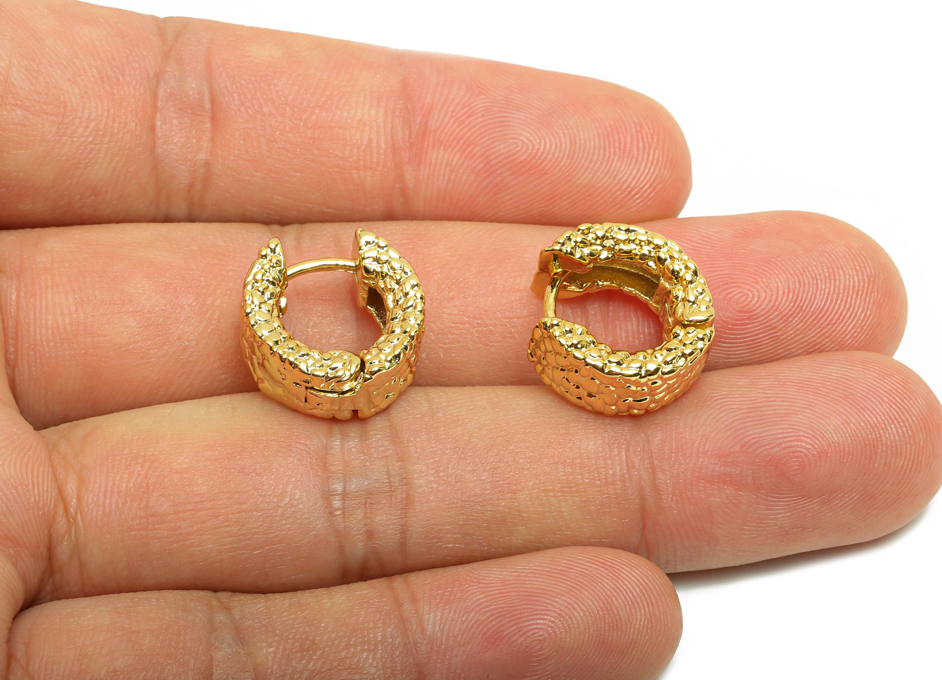 Brass Hammered Earring - Gold Thick Hoop Earring - Textured Huggie Hoop Earring for Ladies - 18K Real Gold Plating -15.5x14.6x7.5mm- RGP8809 - DOMEDBAZAAR