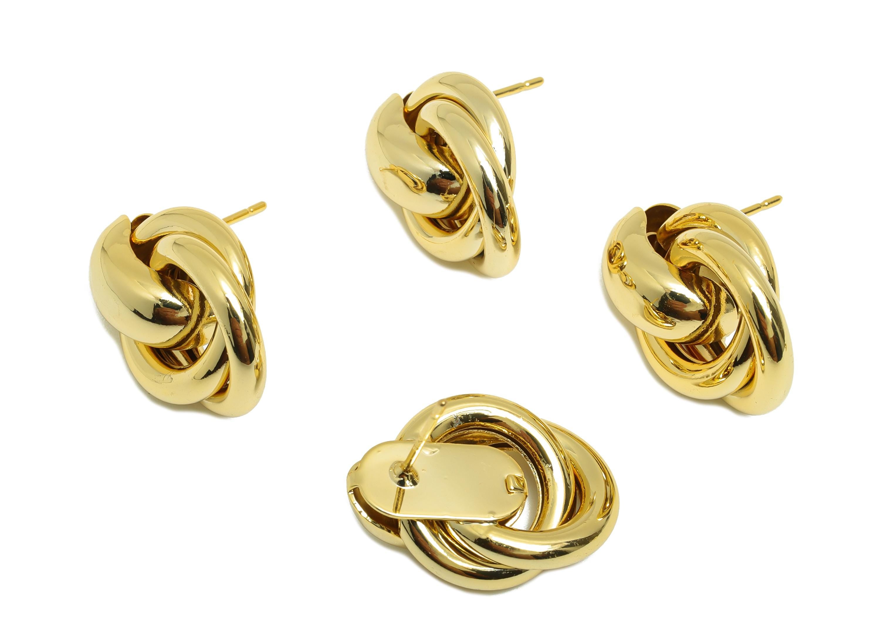 Brass Knot Earring Post - Gold Round Intertwined Earring Stud - Hoop Daily Wear Earring - 18K Real Gold Plating -22.61x15.88x7.19mm- RGP9079 - DOMEDBAZAAR