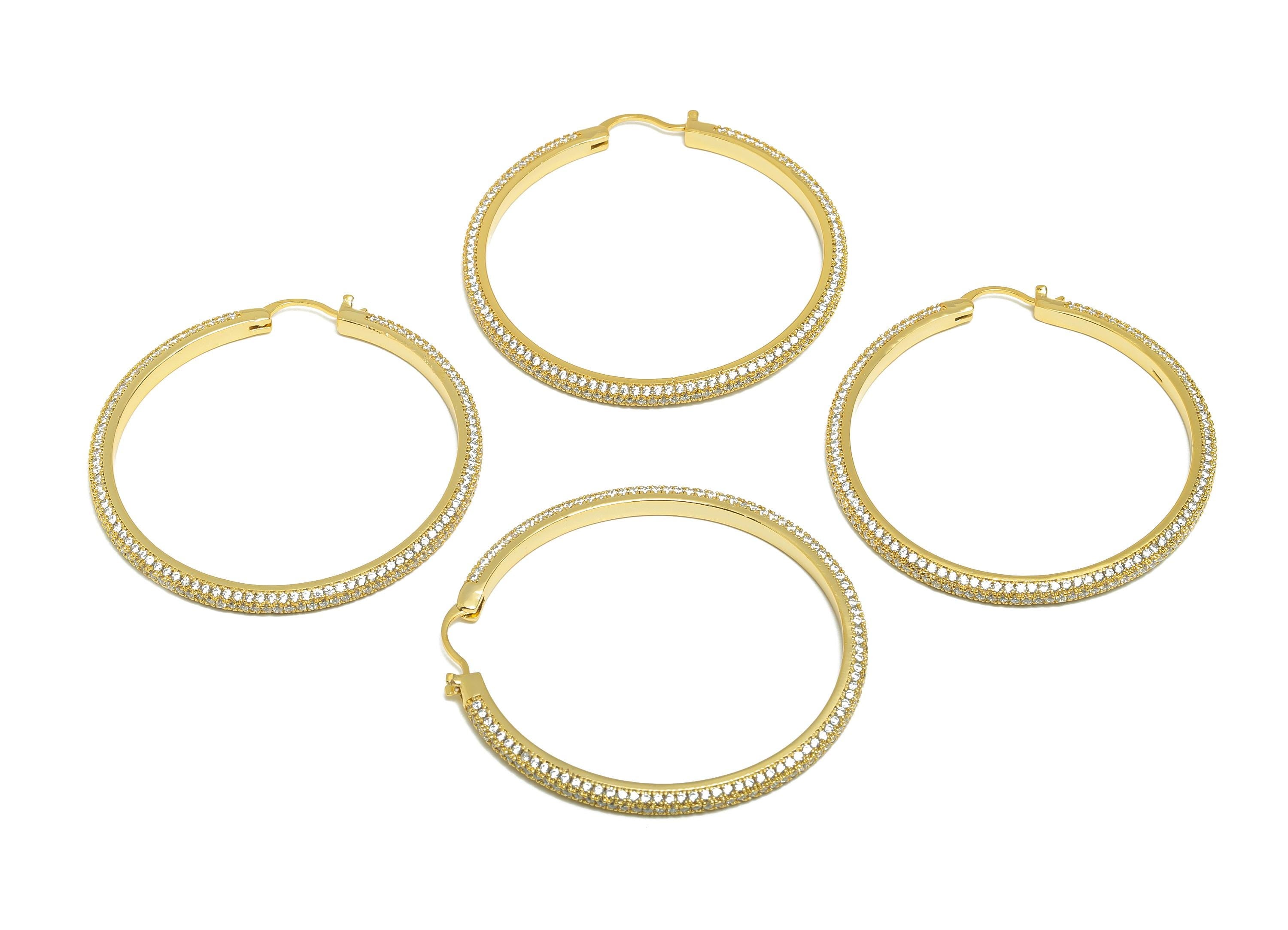 Brass Circle Hoop Earring - Gold Zircon 50mm Huggie Earring - Daily Wear Hinged Back Earring - 18K Real Gold Plated -50x50x2.92mm-RGP9093-50 - DOMEDBAZAAR