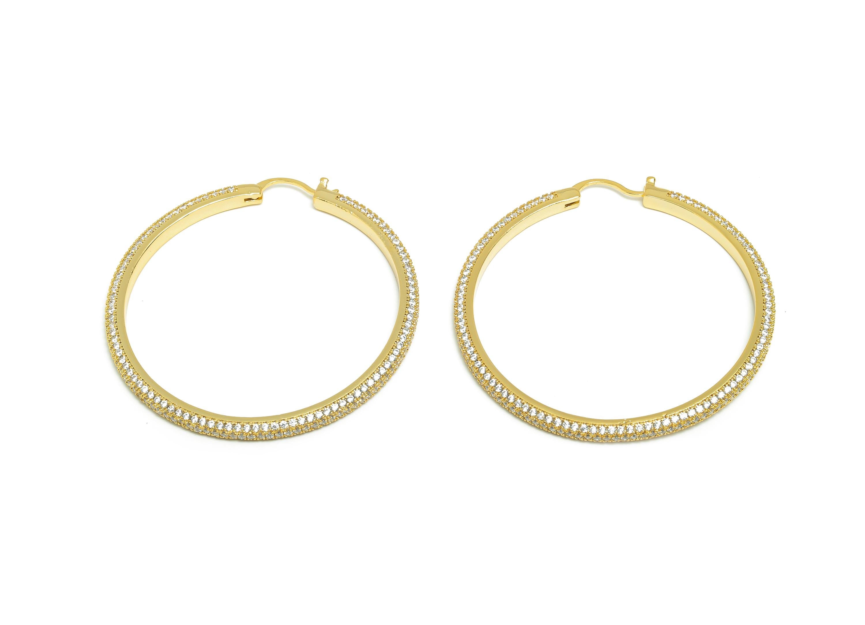 Brass Circle Hoop Earring - Gold Zircon 50mm Huggie Earring - Daily Wear Hinged Back Earring - 18K Real Gold Plated -50x50x2.92mm-RGP9093-50 - DOMEDBAZAAR