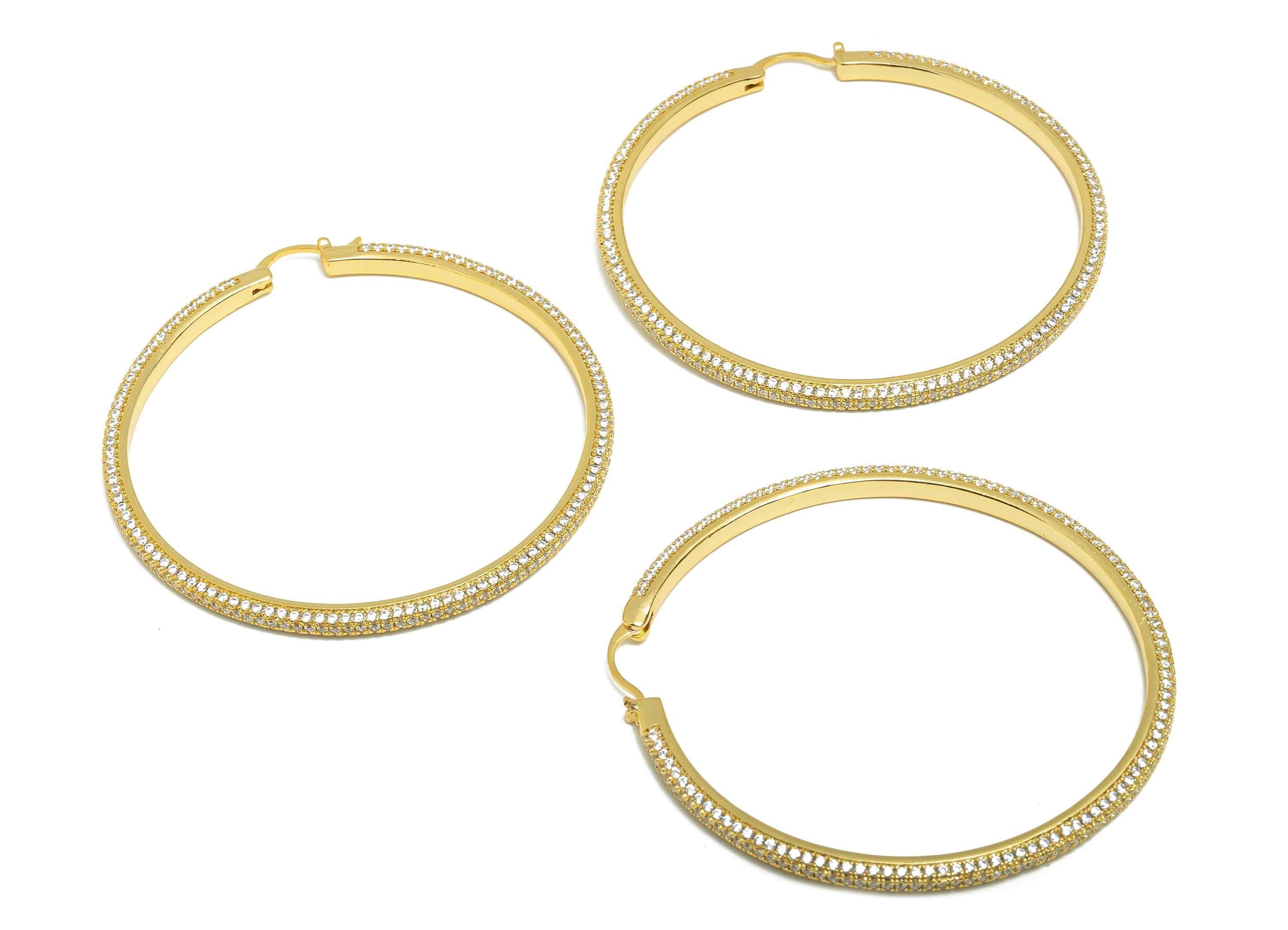 Brass Circle Hoop Earring - Gold Zircon 60mm Huggie Earring - Daily Wear Hinged Back Earring - 18K Real Gold Plated -60x60x3.1mm -RGP9093-60 - DOMEDBAZAAR