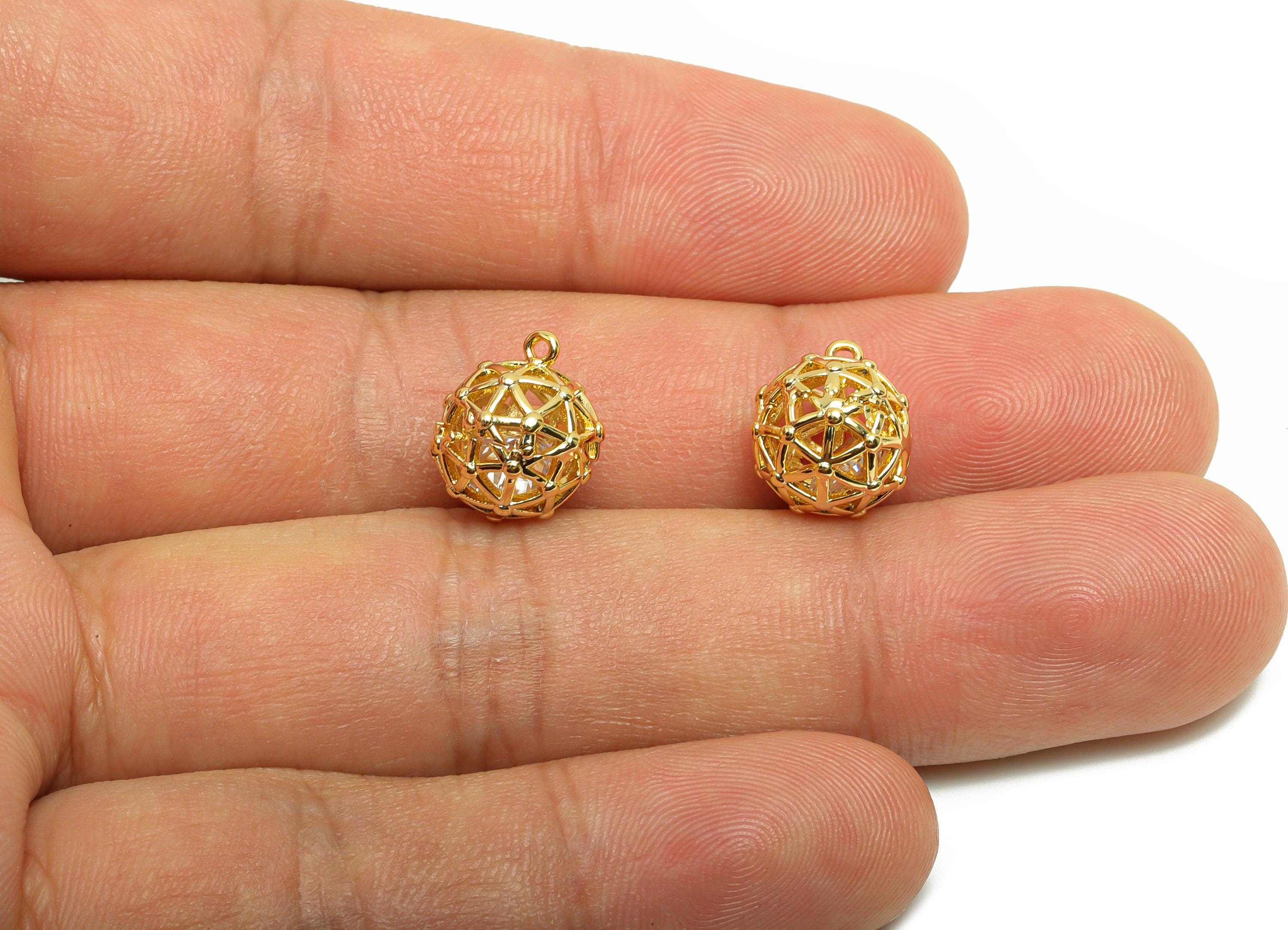 Brass Football Earring Charm - Gold Round Ball Charm for Bracelet - Zircon Pendant with Loop - 18K Real Gold Plating - 12x10.8x10mm- RGP8815 - DOMEDBAZAAR