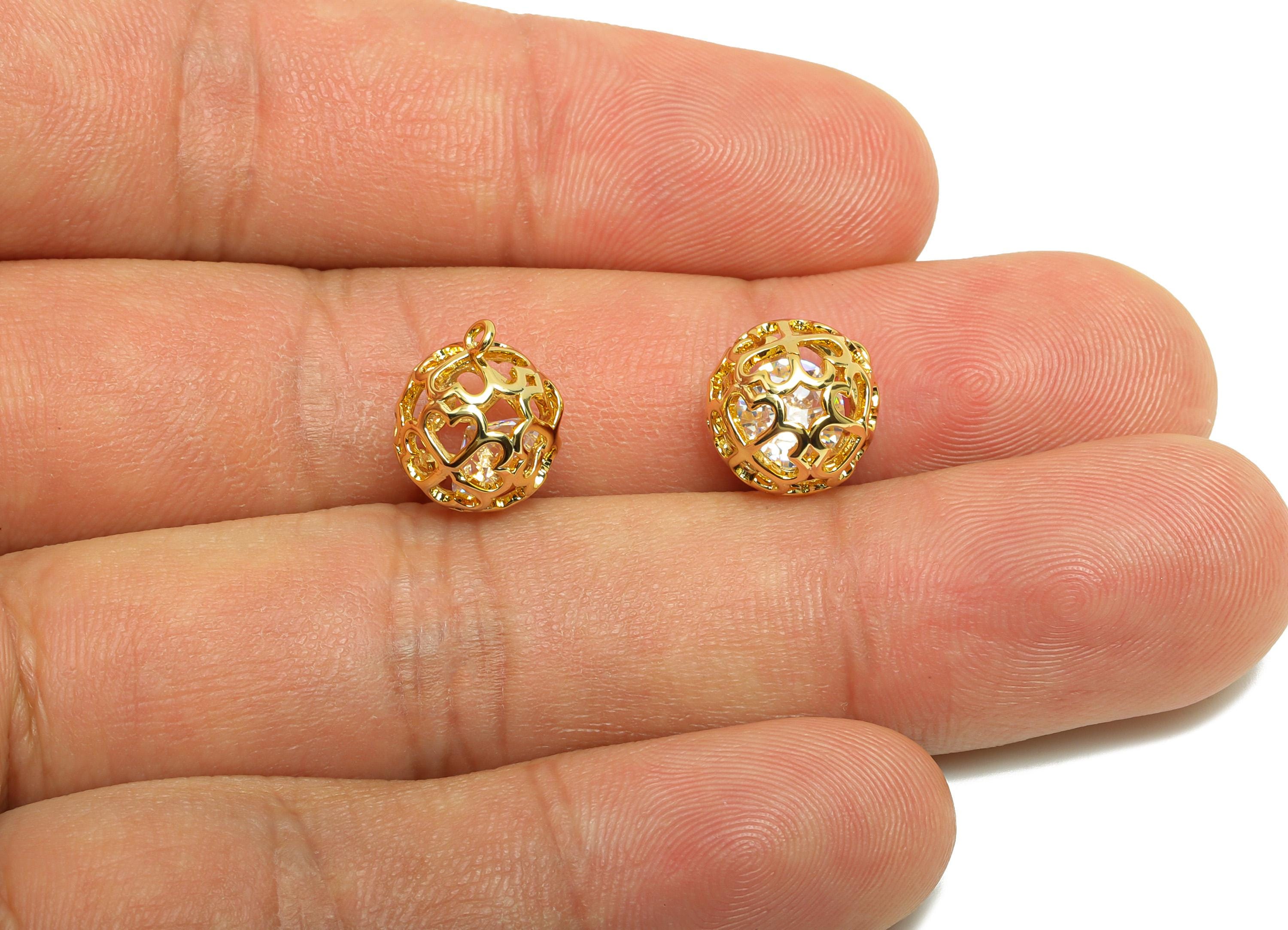 Brass Hollow Heart Charm - Gold Ball Earring Charm for Bracelet - Zircon Pendant with Loop - 18K Real Gold Plating - 12.5x10x10mm - RGP8817 - DOMEDBAZAAR