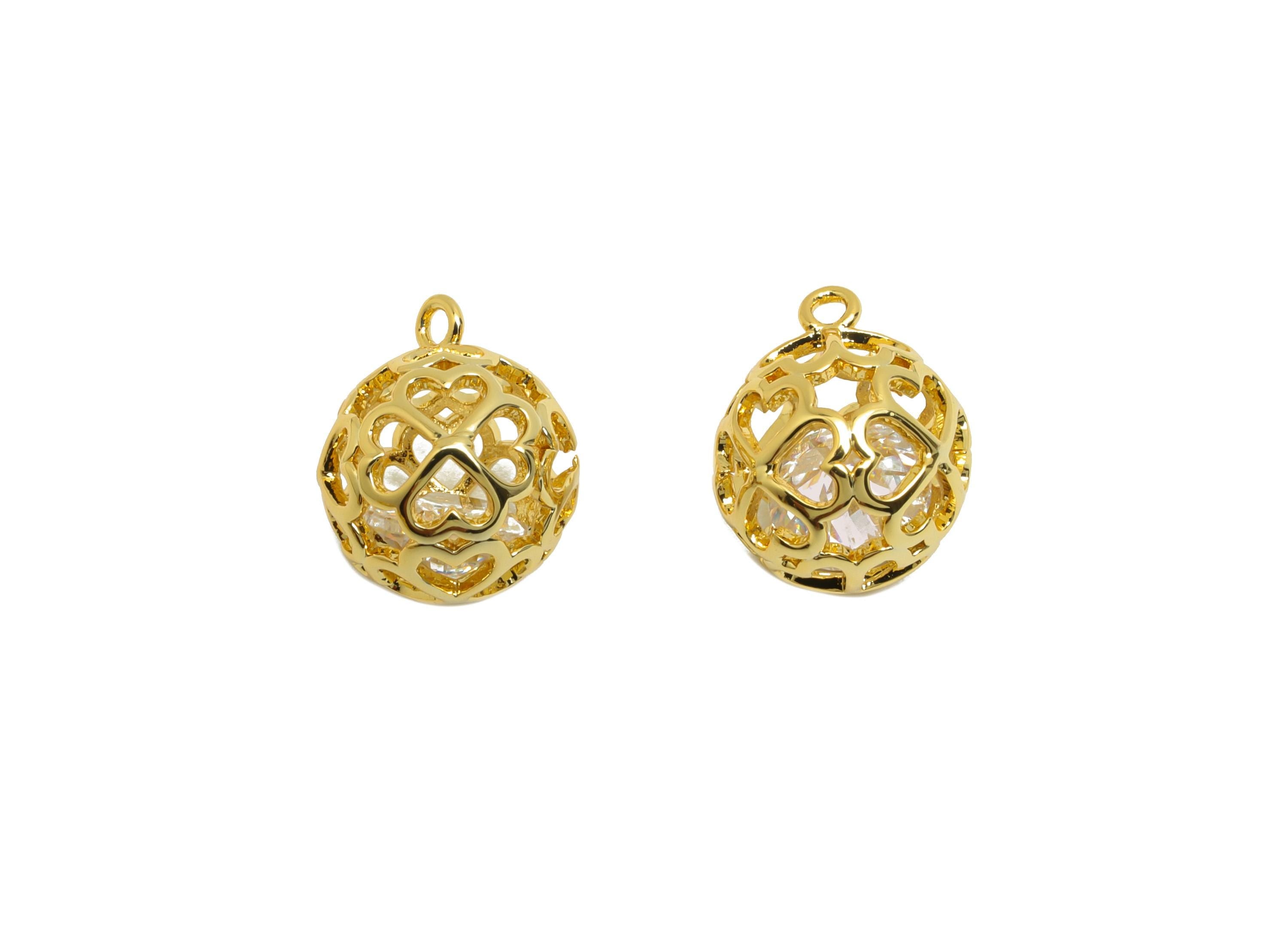 Brass Hollow Heart Charm - Gold Ball Earring Charm for Bracelet - Zircon Pendant with Loop - 18K Real Gold Plating - 12.5x10x10mm - RGP8817 - DOMEDBAZAAR