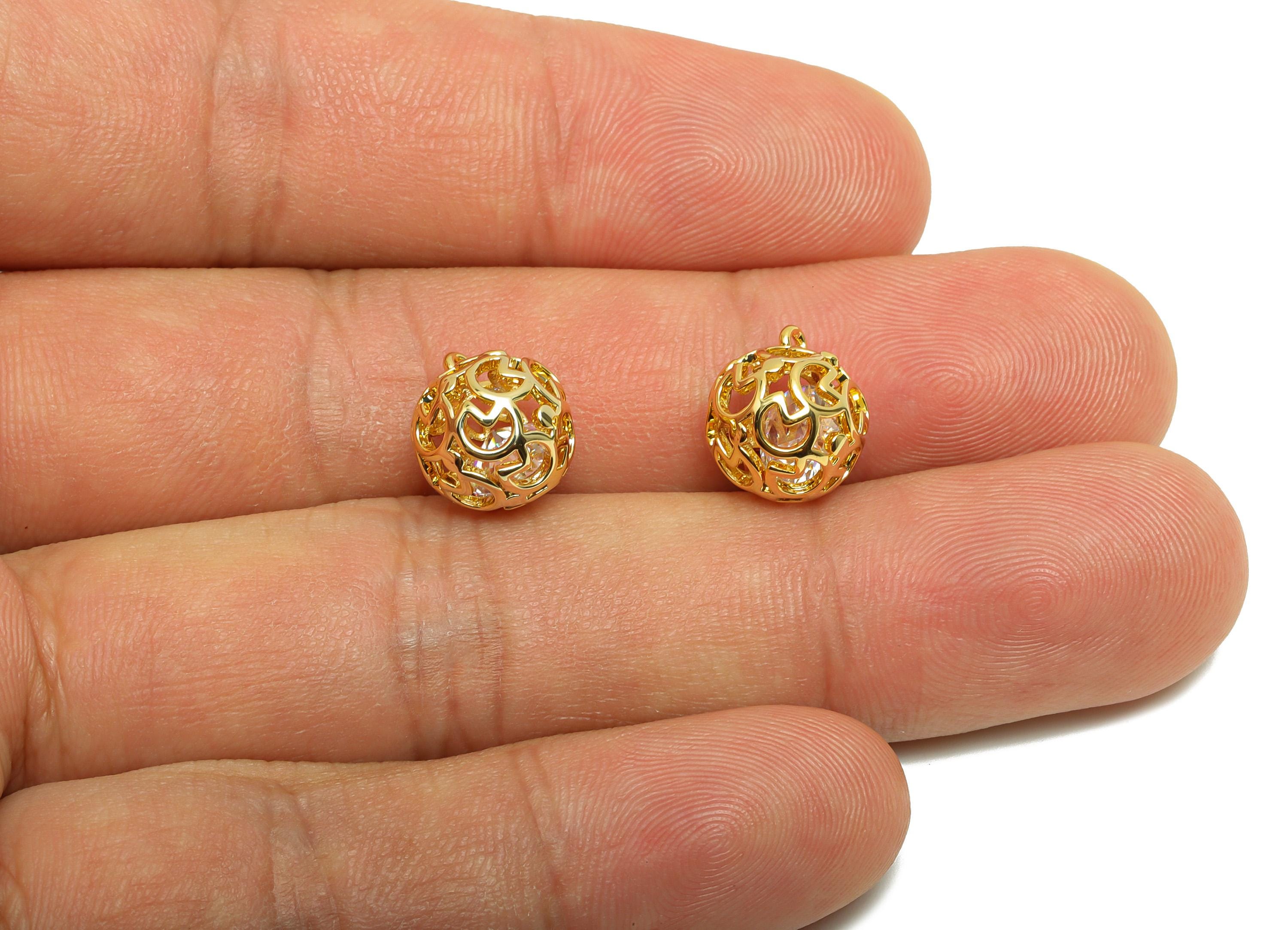 Brass Hollow Quarter Charm - Gold Ball Earring Charm for Bracelet - Zircon Pendant with Loop - 18K Real Gold Plating - 12x9.5x9.5mm- RGP8818 - DOMEDBAZAAR