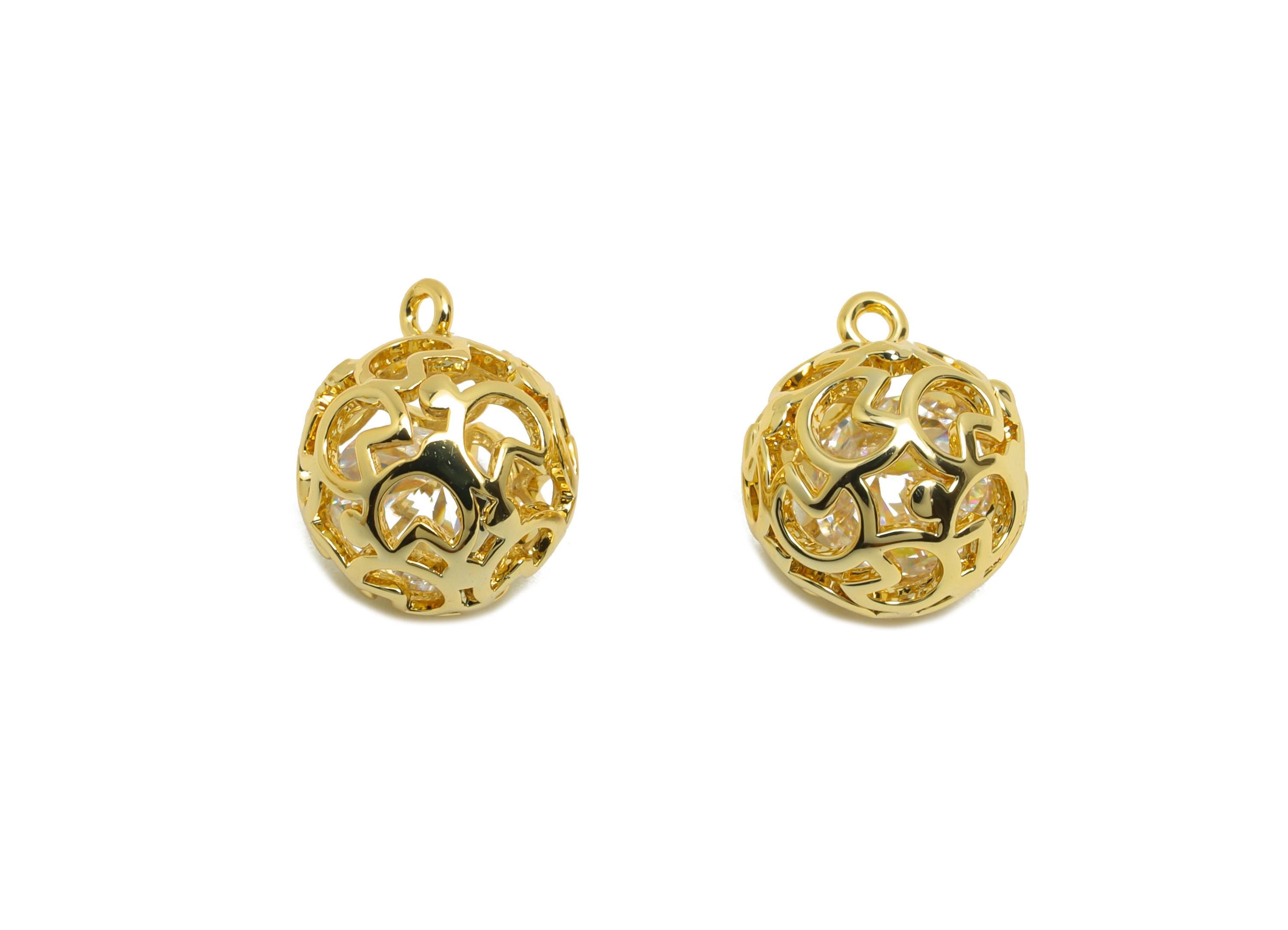 Brass Hollow Quarter Charm - Gold Ball Earring Charm for Bracelet - Zircon Pendant with Loop - 18K Real Gold Plating - 12x9.5x9.5mm- RGP8818 - DOMEDBAZAAR