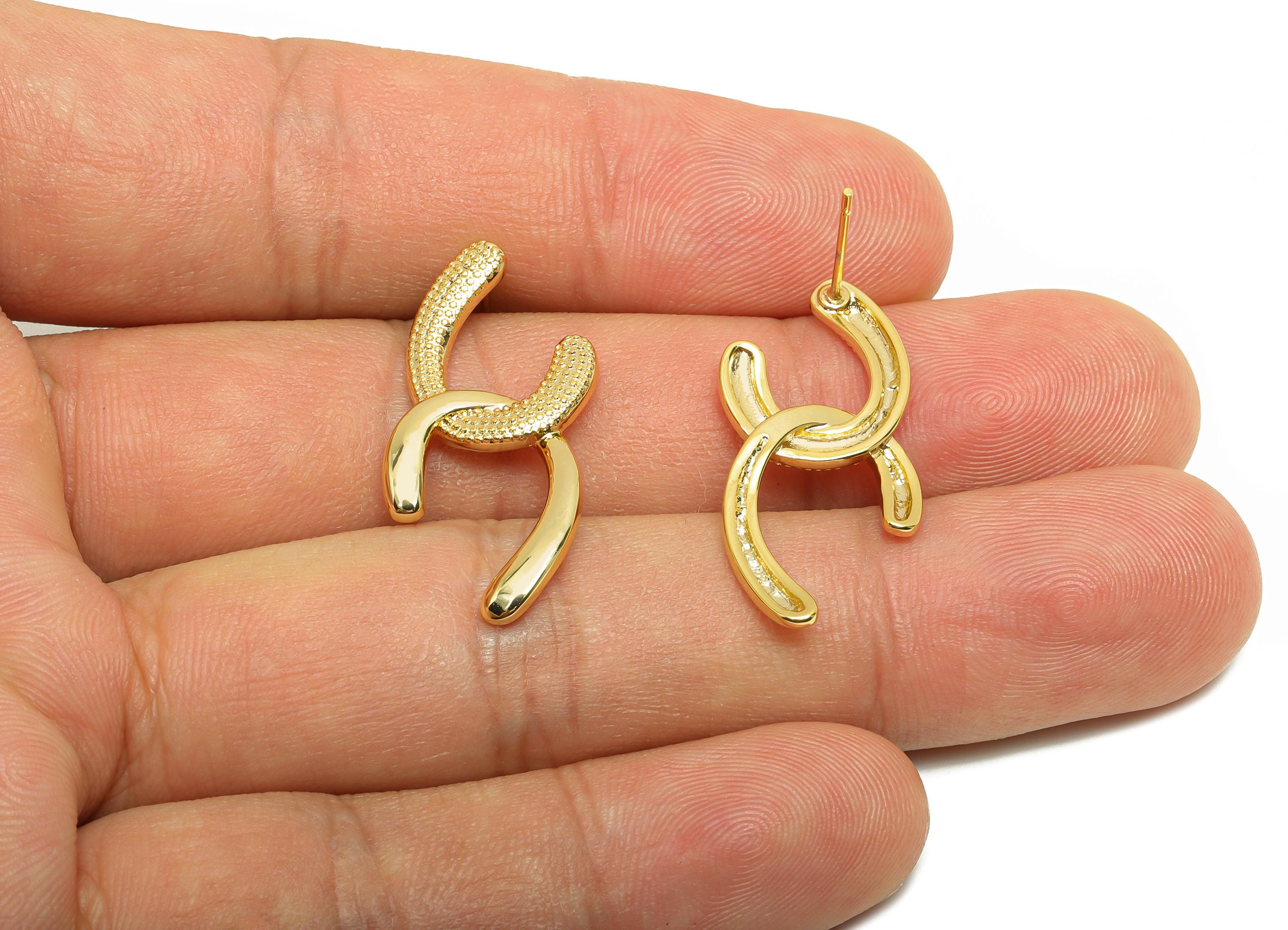 Brass Intertwined Earring - Gold Textured Earring Stud for Girl's - Minimalist Earring Post - 18K Real Gold Plating - 32x13x2.3mm - RGP8819 - DOMEDBAZAAR