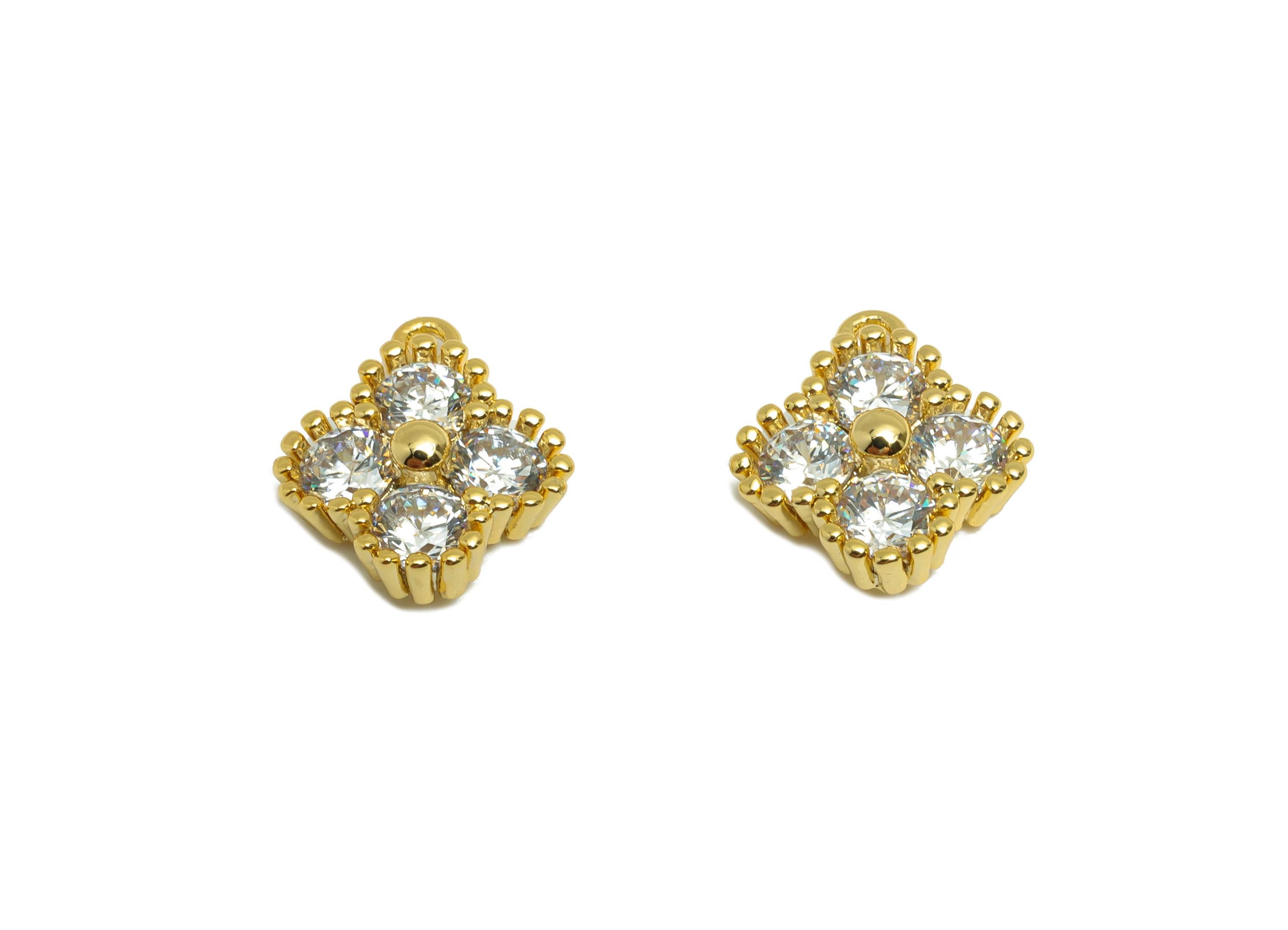 Brass Square Zircon Charm - Gold Textured Earring Charm for Bracelet - Round CZ Pendant - 18K Real Gold Plating - 12x10.5x4.3mm - RGP8827 - DOMEDBAZAAR