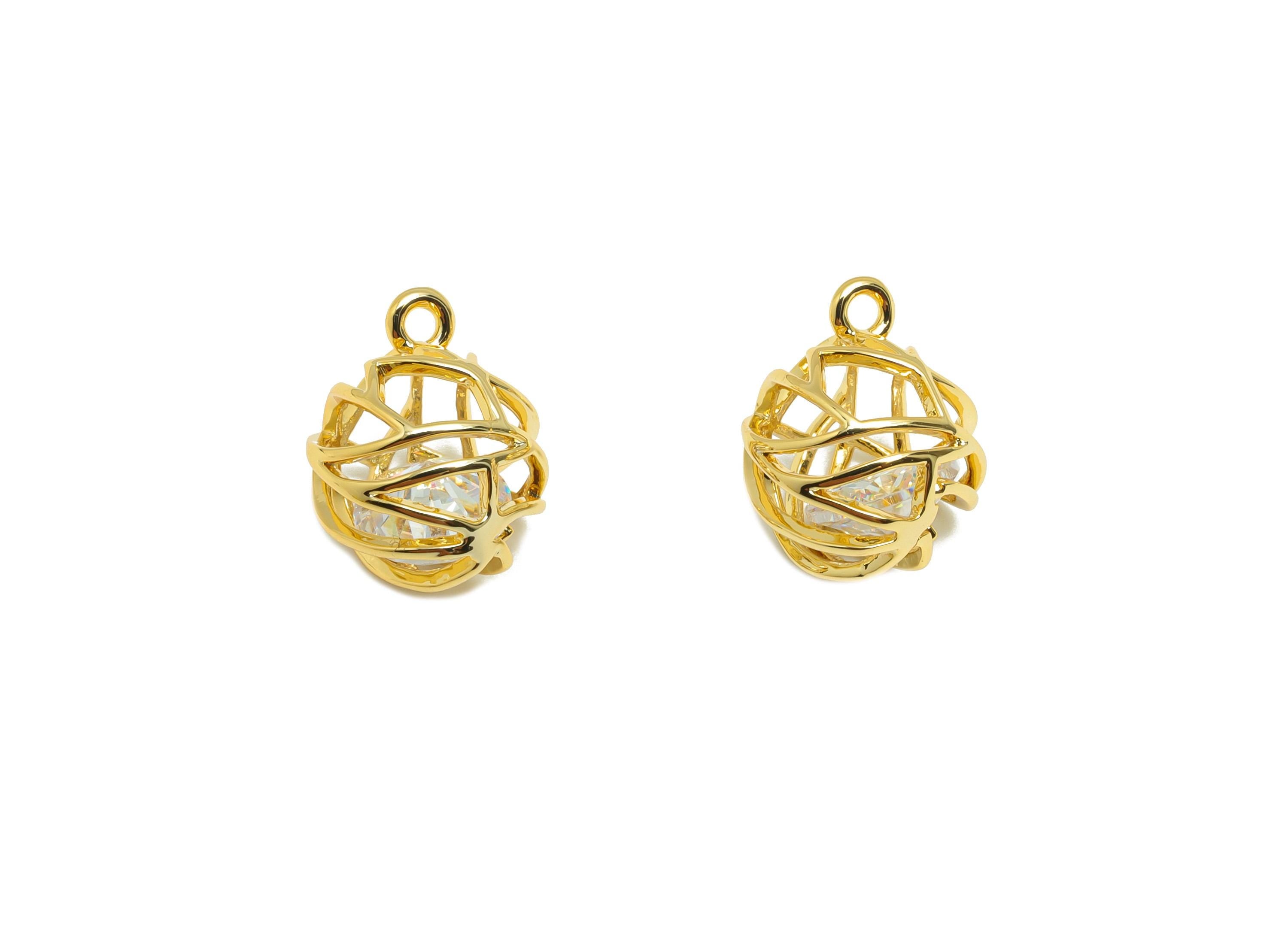 Brass Ball Earring Charm - Gold Round Hollow Charm for Bracelet - Zircon Pendant with Loop - 18K Real Gold Plating - 12x9.9x9.9mm - RGP8832 - DOMEDBAZAAR