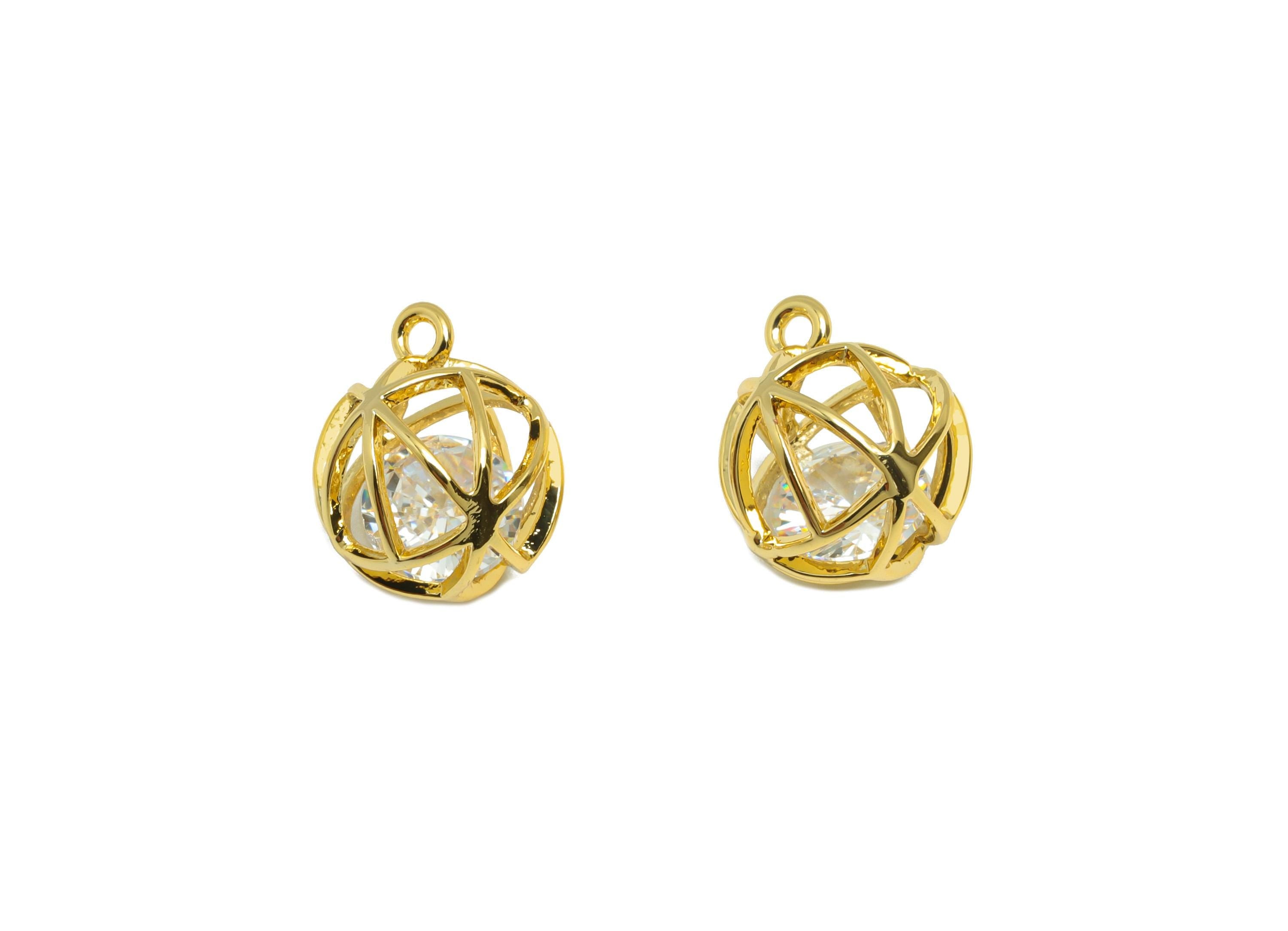 Brass Ball Earring Charm - Gold Round Hollow Charm for Bracelet - Zircon Pendant with Loop - 18K Real Gold Plating - 11.7x9.5x10mm - RGP8833 - DOMEDBAZAAR