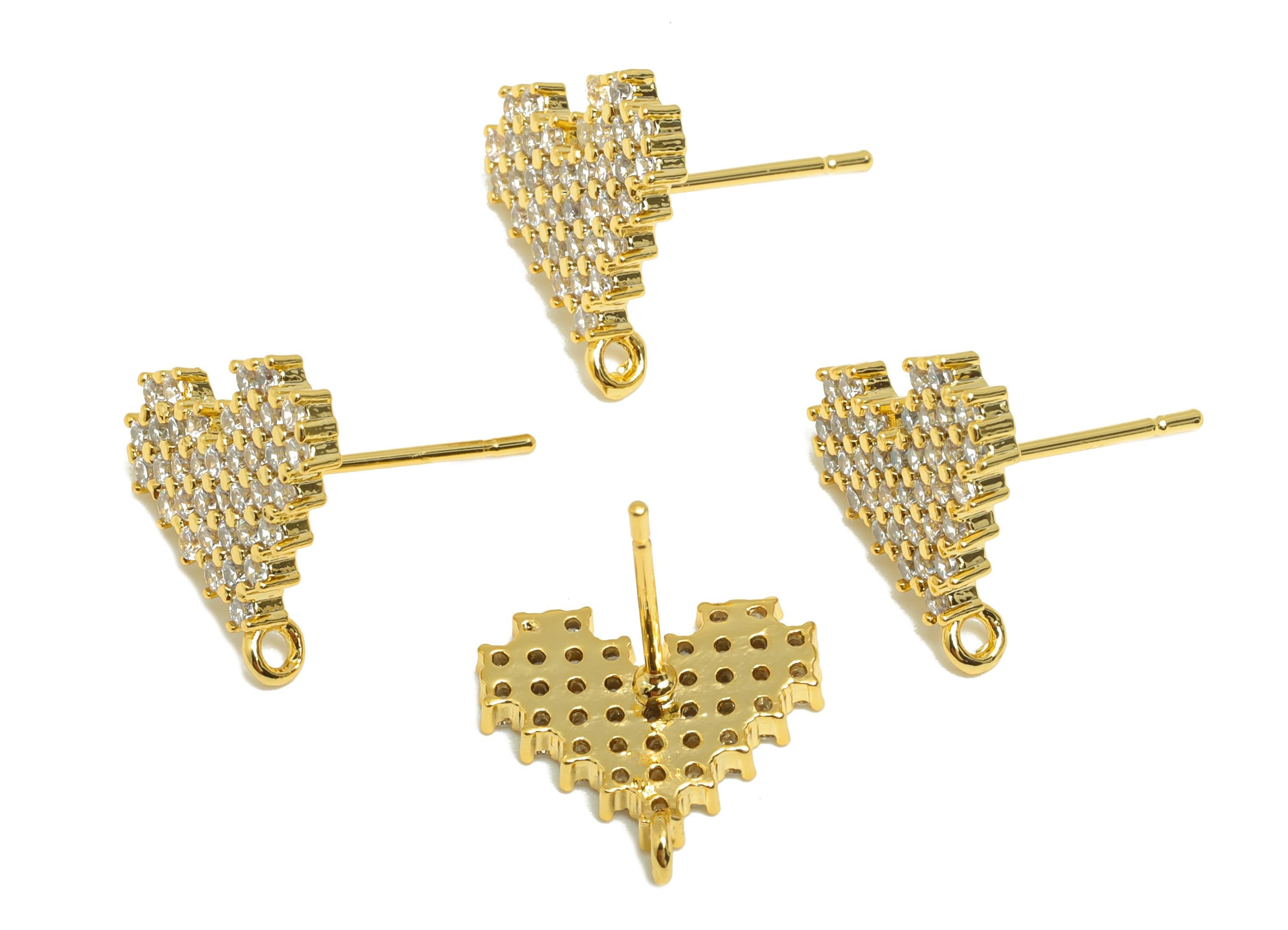 Brass Mosaic Heart Earring - Gold Zircon Earring Post for Women - Heart Valentine's Day Ear - 18K Real Gold Plated - 14.5x13.5x2mm - RGP8839 - DOMEDBAZAAR