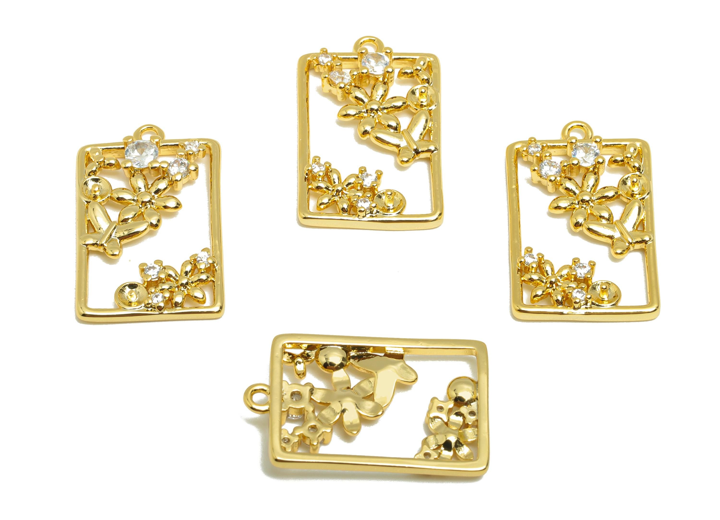 Brass Rectangle Charm - Gold Garden Earring Charm for Necklace - Zircon Hollow Pendant - 18K Real Gold Plating - 21x13.3x3.2mm- RGP8842 - DOMEDBAZAAR