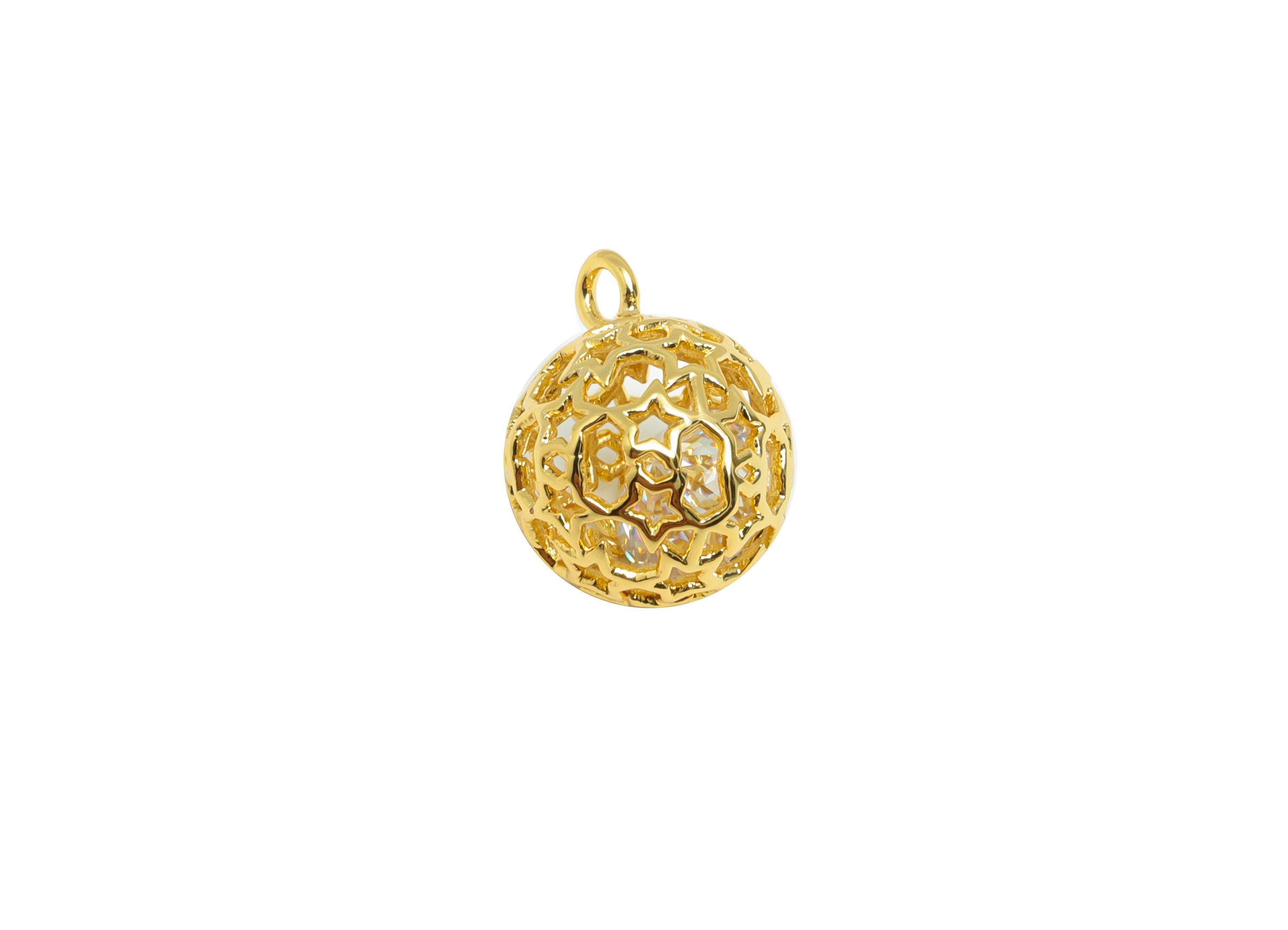 Brass Ball Earring Charm - Gold Round Hollow Charm for Bracelet - Zircon Pendant with Loop - 18K Real Gold Plating - 12.7x11x11mm - RGP8849 - DOMEDBAZAAR