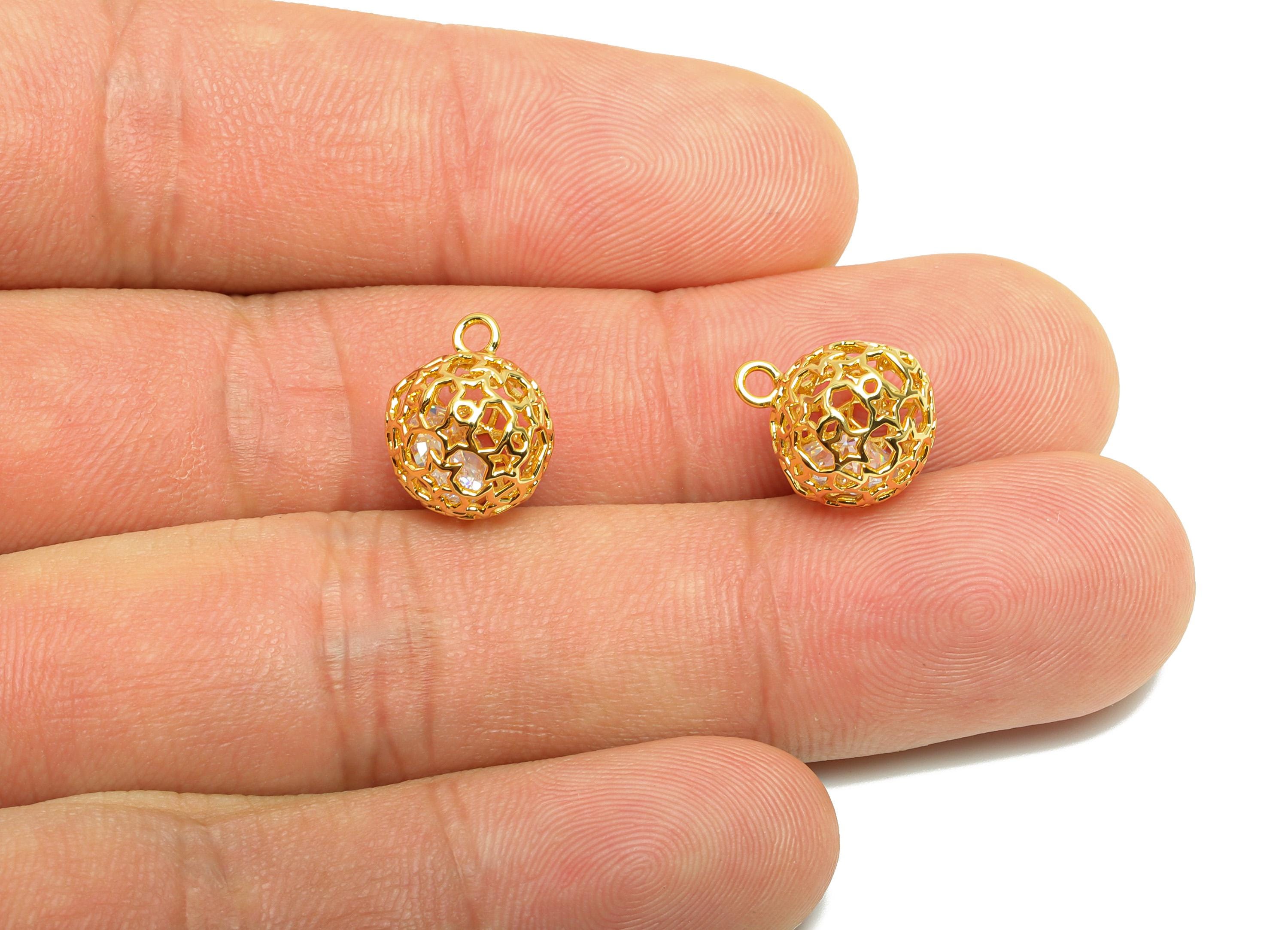 Brass Ball Earring Charm - Gold Round Hollow Charm for Bracelet - Zircon Pendant with Loop - 18K Real Gold Plating - 12.7x11x11mm - RGP8849 - DOMEDBAZAAR