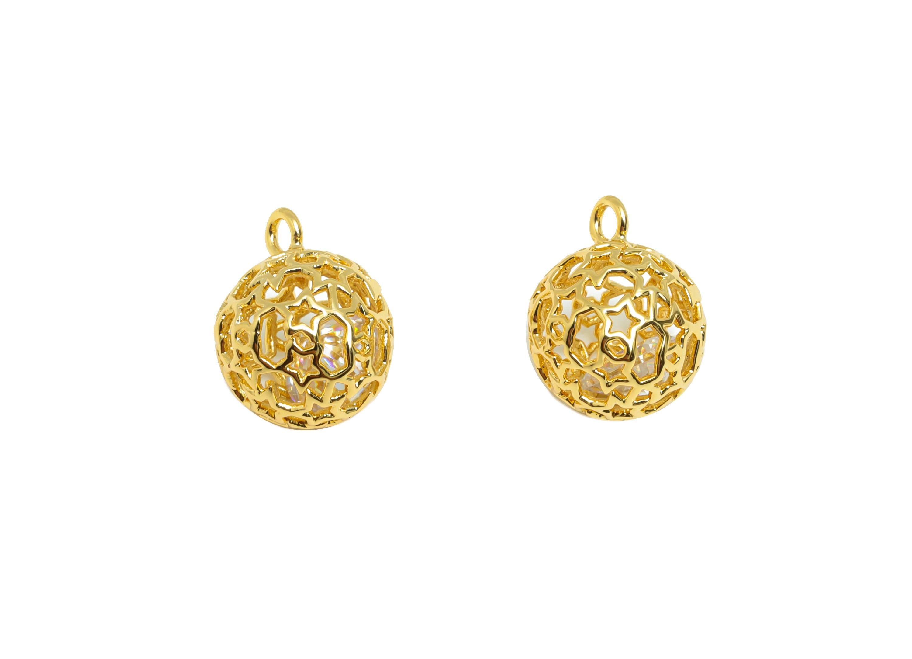 Brass Ball Earring Charm - Gold Round Hollow Charm for Bracelet - Zircon Pendant with Loop - 18K Real Gold Plating - 12.7x11x11mm - RGP8849 - DOMEDBAZAAR