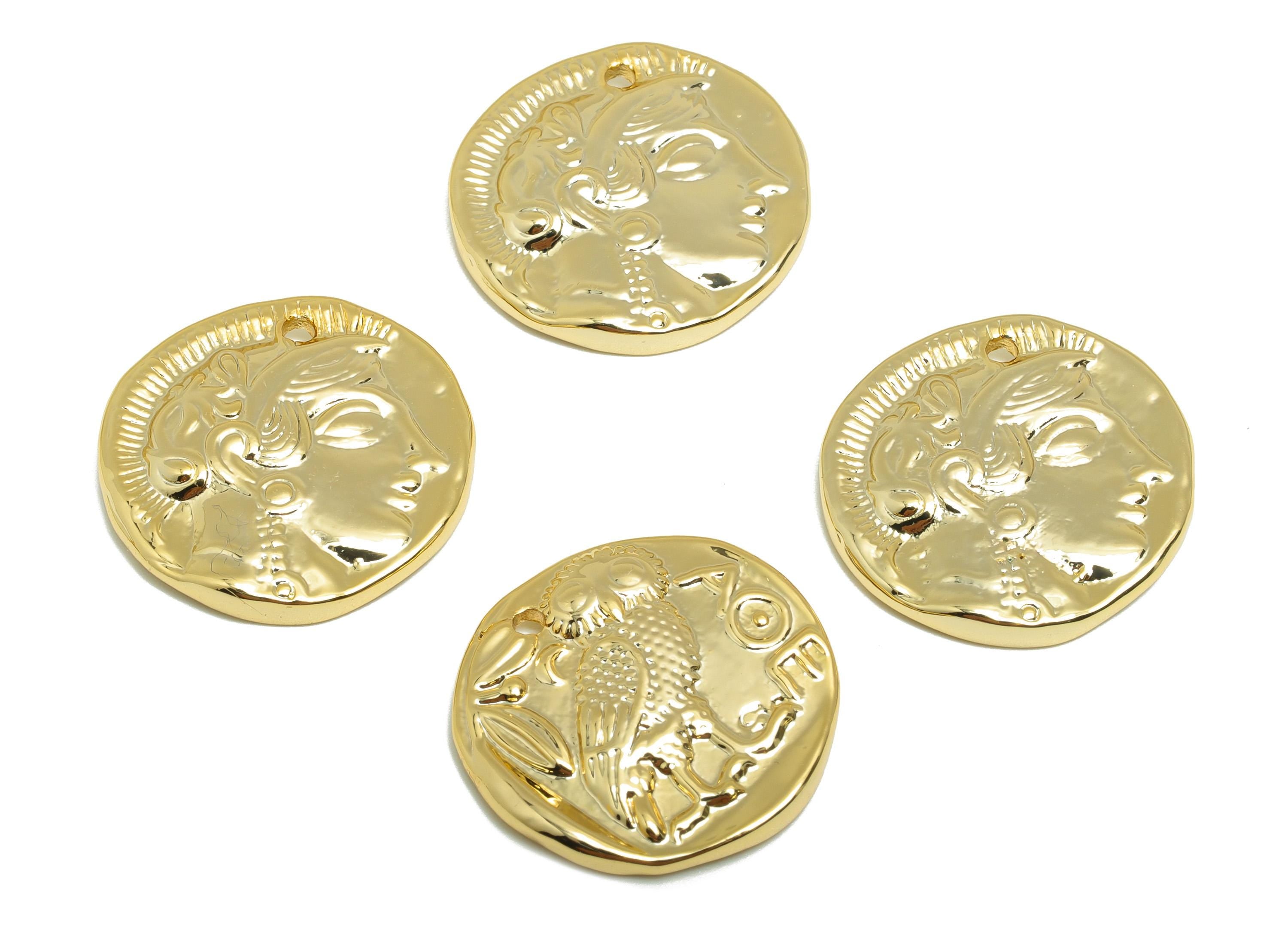 Brass Round Earring Charm - Gold Relief Owl Charm for Necklace - Animal Pendant with Loop - 18K Real Gold Plating - 21x21x3.33mm - RGP8853 - DOMEDBAZAAR