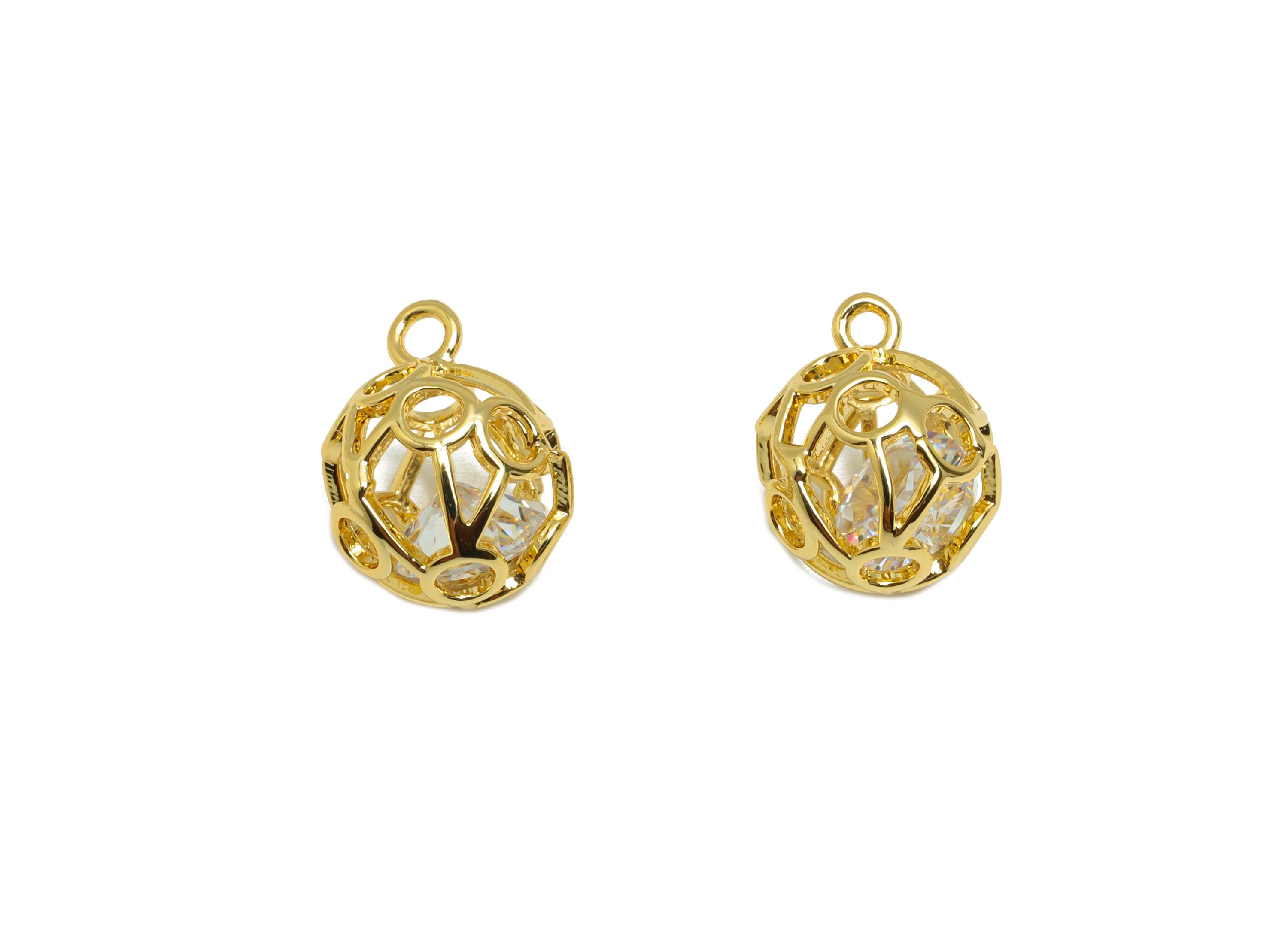 Brass Ball Earring Charm - Gold Round Hollow Charm for Bracelet - Zircon Pendant with Loop - 18K Real Gold Plating - 12.2x10x10mm - RGP8855 - DOMEDBAZAAR