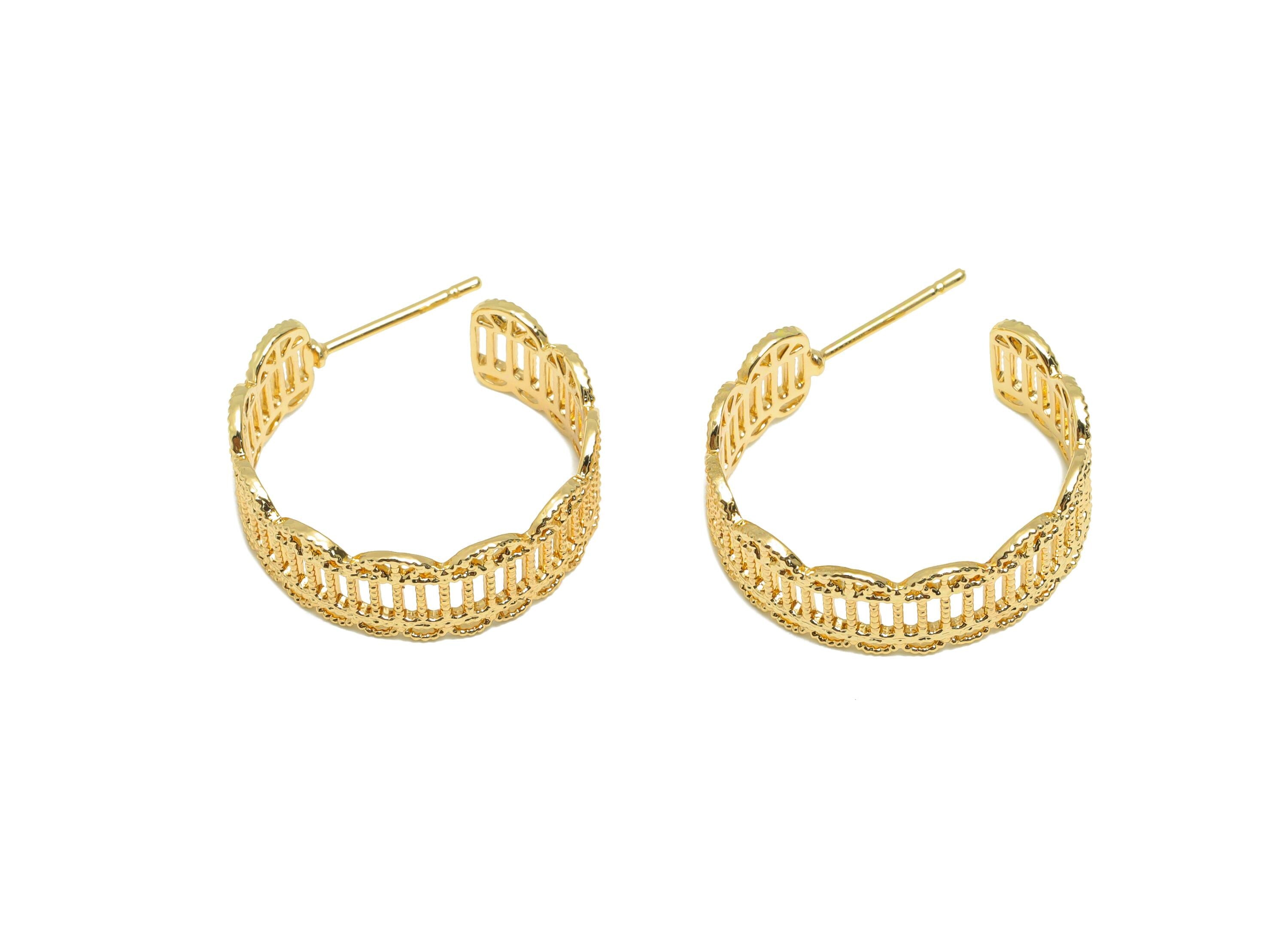 Brass C Hoop Earring Stud - Gold Textured Hoop Earring Post - Circle Daily Wear Earring - 18K Real Gold Plating -20.37x19.45x1.04mm- RGP9106 - DOMEDBAZAAR