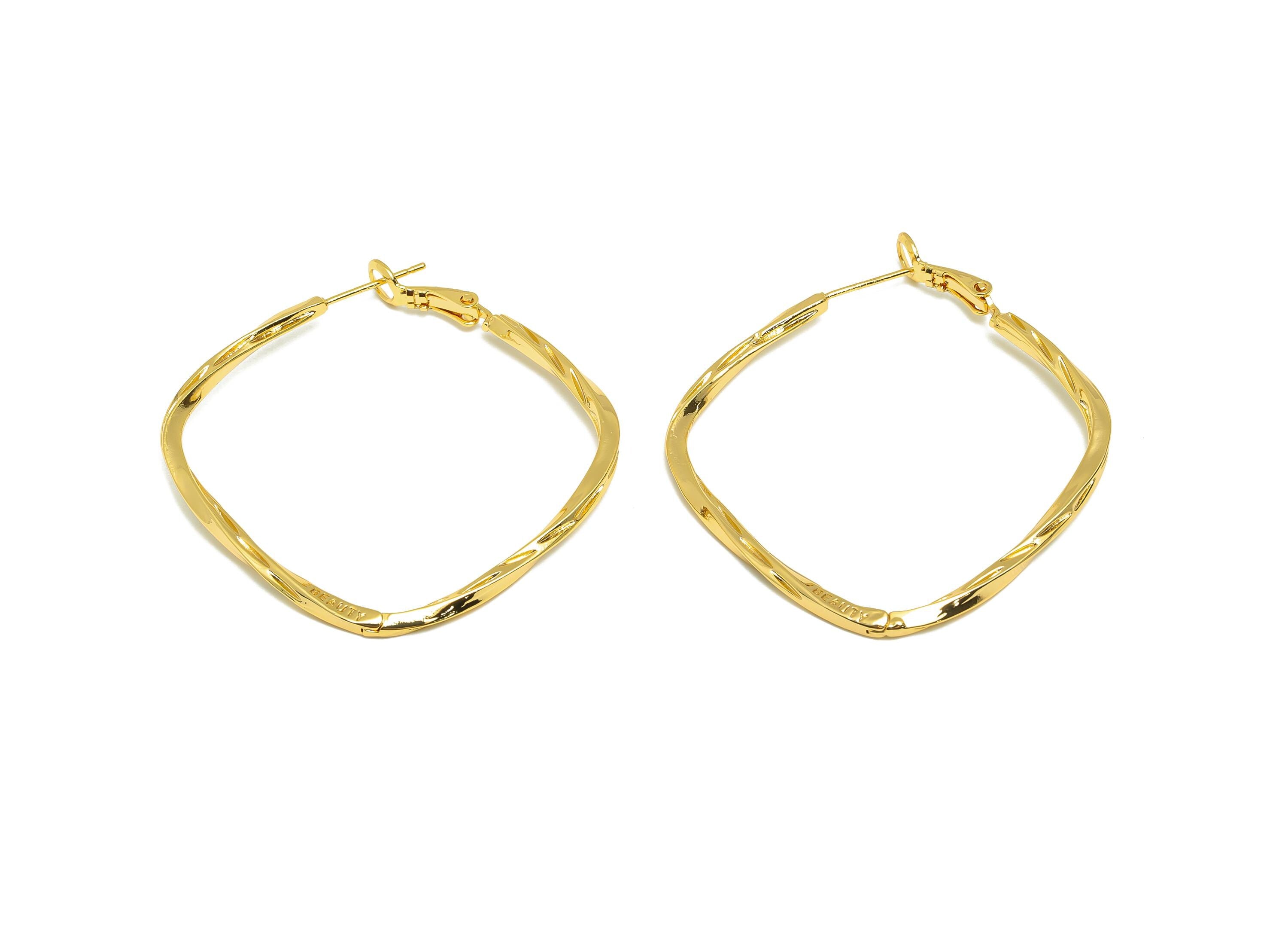 Brass Wave Hoop Earring - Gold Huggie Earring for Girls - Square Wave Daily Wear Earring - 18K Real Gold Plated - 40.17x39.79x2.06mm-RGP9107 - DOMEDBAZAAR