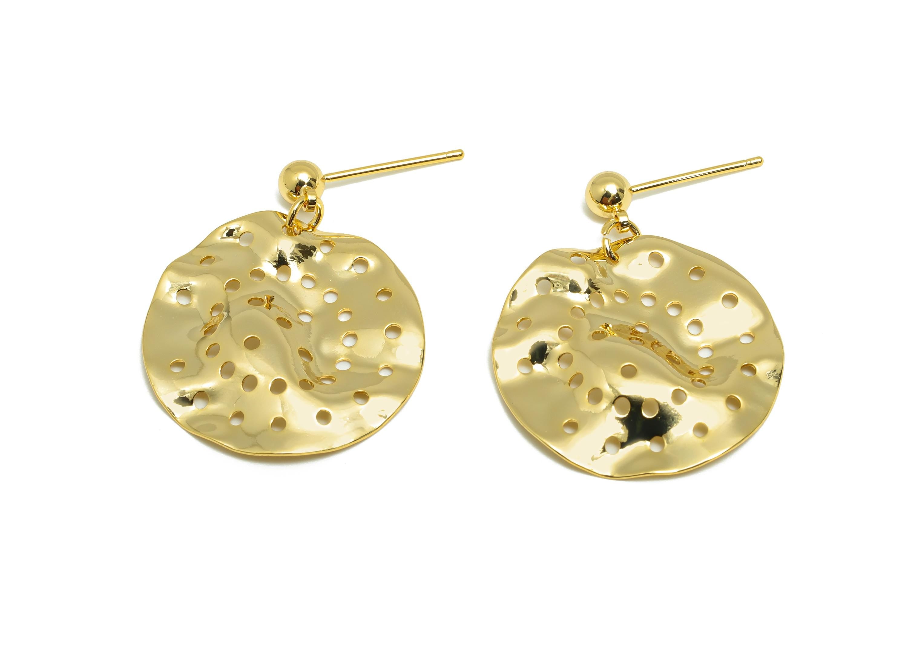 Brass Ball Dangle Earring - Hollow Earring for Women - Gold Hammered Dangle Earring Post - 18K Real Gold Plating -27.31x23.73x0.78mm-RGP9112 - DOMEDBAZAAR