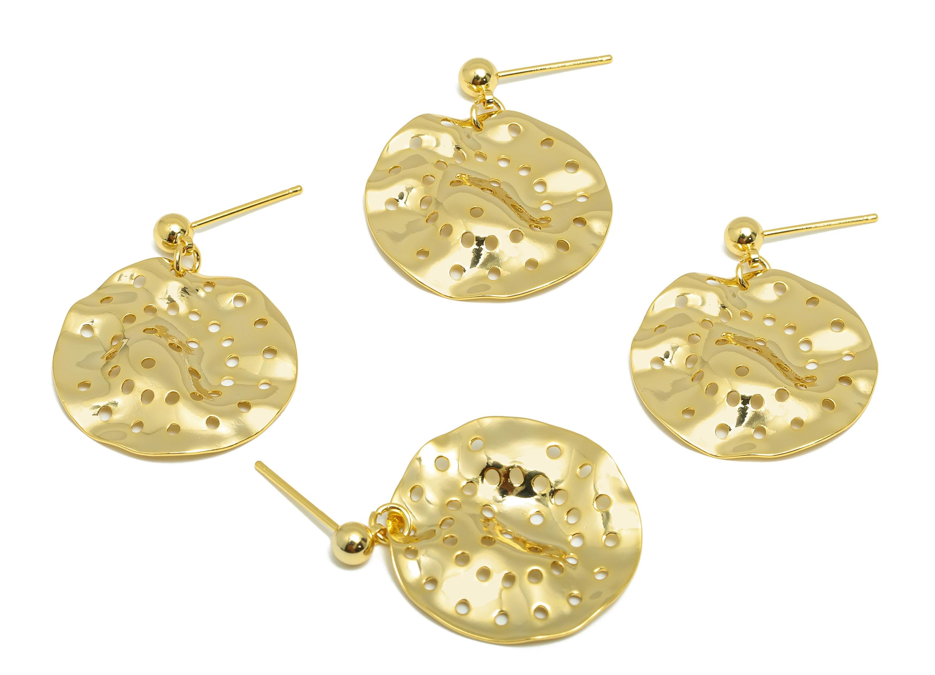 Brass Ball Dangle Earring - Hollow Earring for Women - Gold Hammered Dangle Earring Post - 18K Real Gold Plating -27.31x23.73x0.78mm-RGP9112 - DOMEDBAZAAR