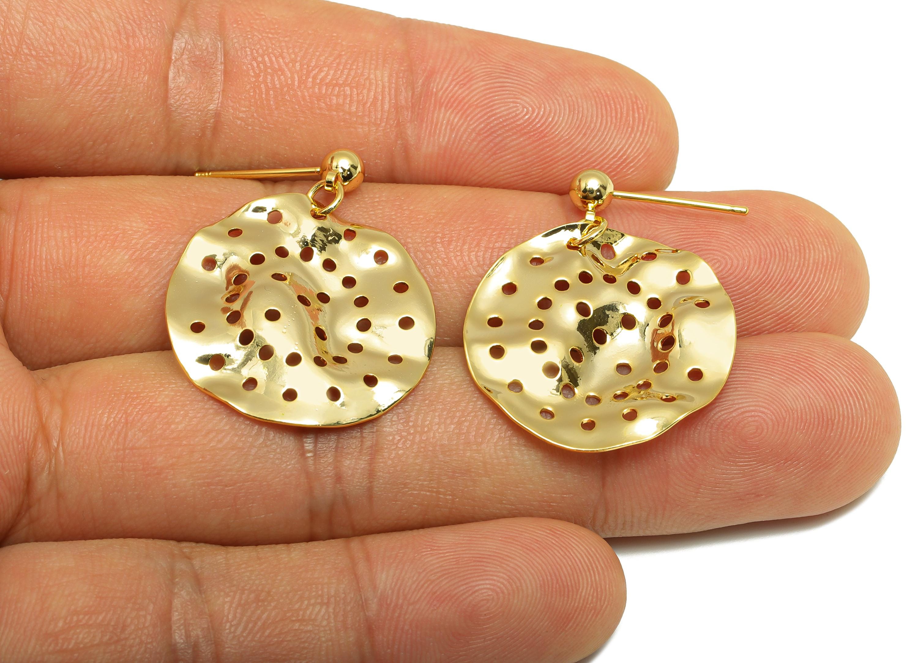 Brass Ball Dangle Earring - Hollow Earring for Women - Gold Hammered Dangle Earring Post - 18K Real Gold Plating -27.31x23.73x0.78mm-RGP9112 - DOMEDBAZAAR
