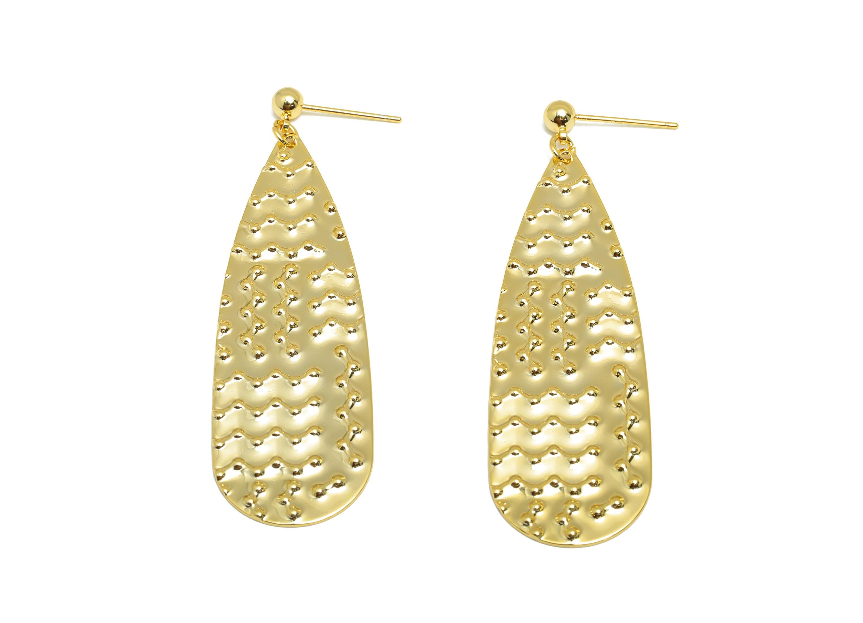 Brass Ball Dangle Earring - Teardrop Earring for Women - Gold Hammered Dangle Ear Post - 18K Real Gold Plating - 60.3x18.62x0.92mm - RGP9113 - DOMEDBAZAAR