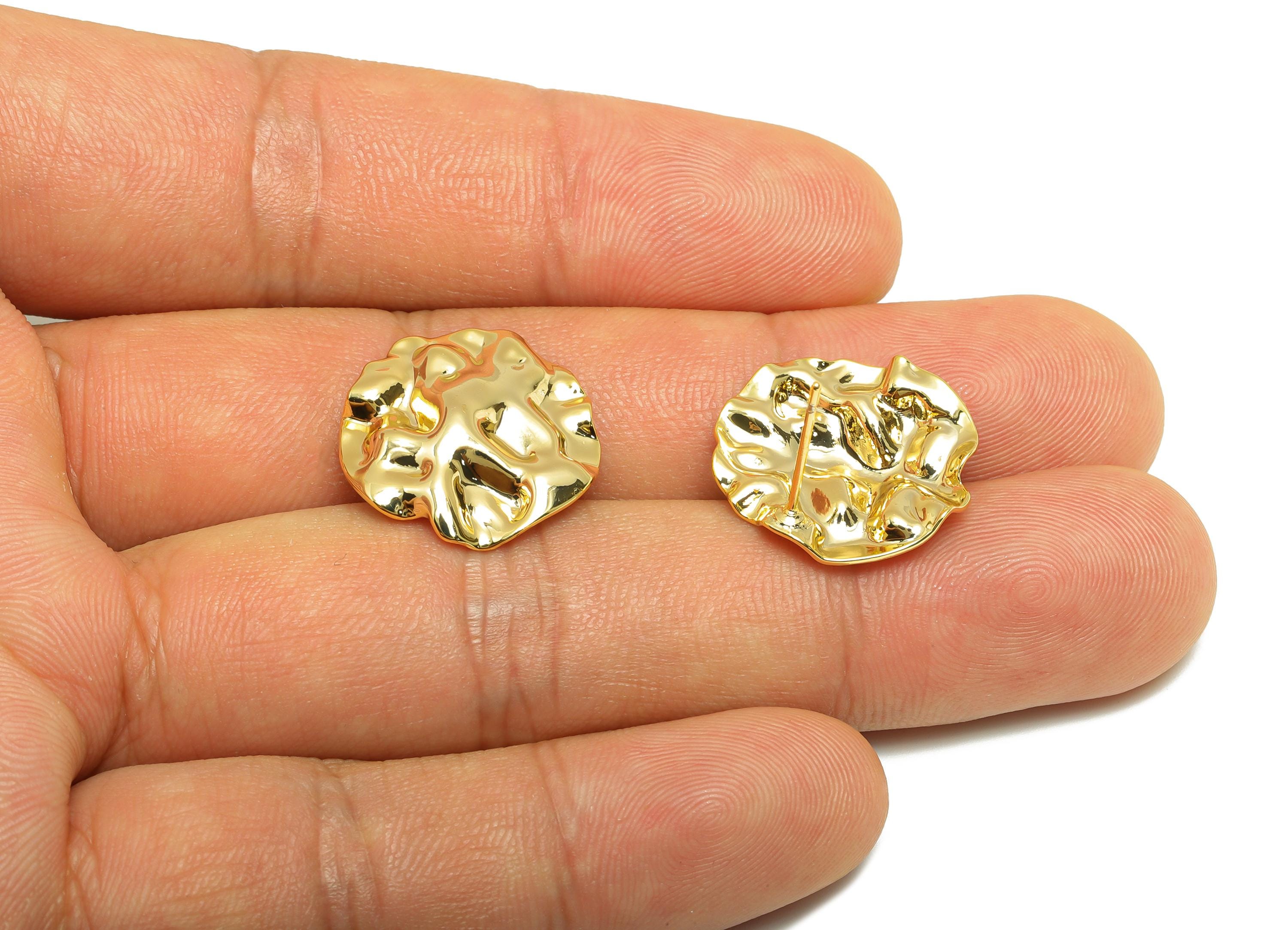 Brass Round Earring Stud - Gold Hammered Earring Post for Girls - Daily Wear Earring - 18K Real Gold Plating - 18.46x18.07x1.69mm - RGP9115 - DOMEDBAZAAR