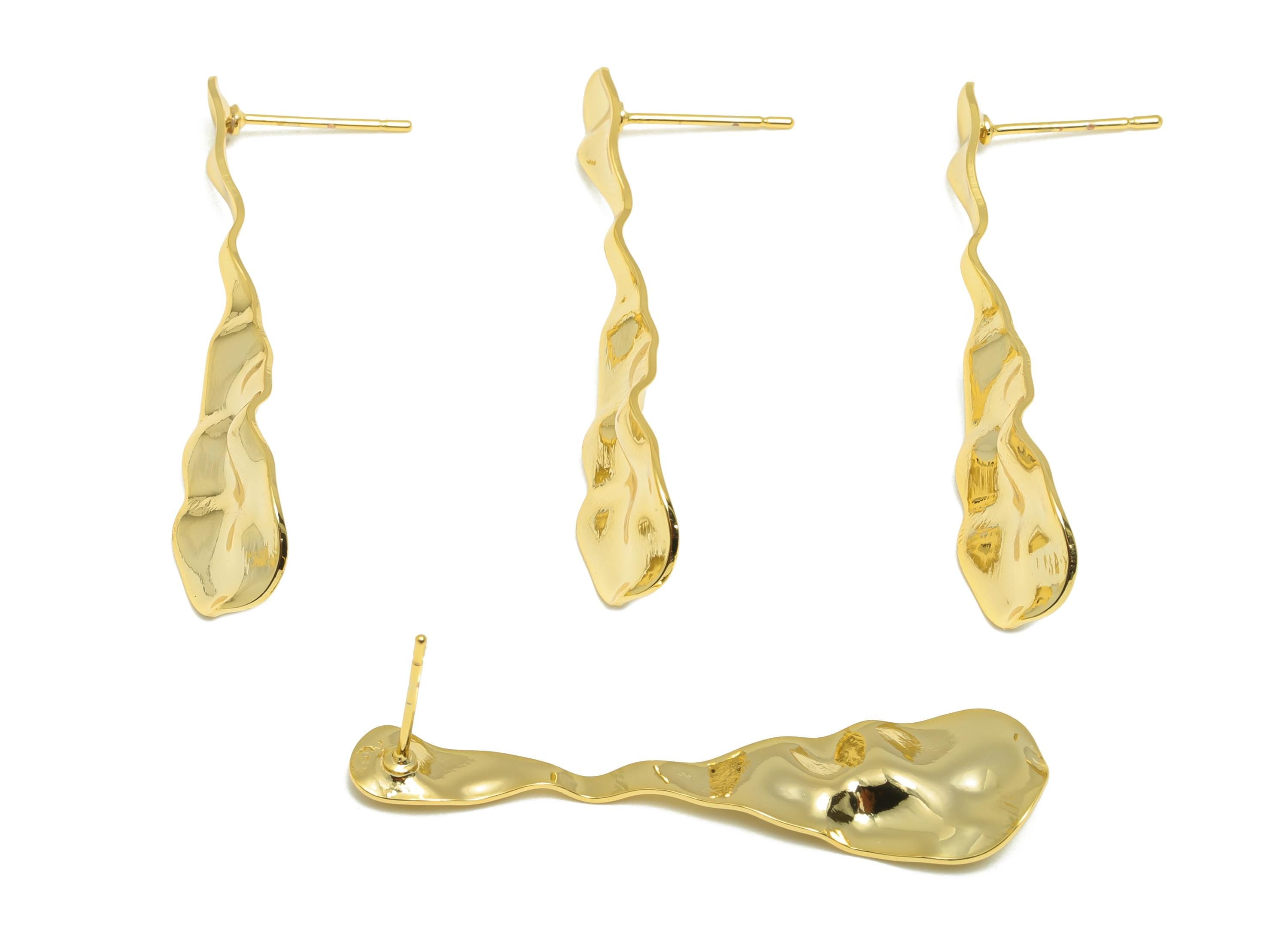 Brass Teardrop Earring Stud - Gold Hammered Earring Post for Girls - Daily Wear Earring - 18K Real Gold Plating -43.17x11.27x1.16mm- RGP9117 - DOMEDBAZAAR