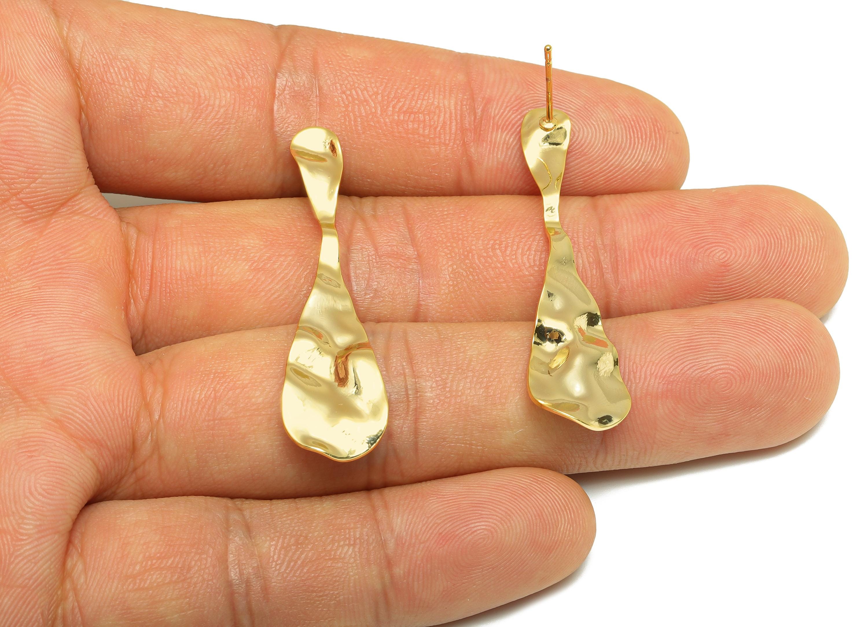 Brass Teardrop Earring Stud - Gold Hammered Earring Post for Girls - Daily Wear Earring - 18K Real Gold Plating -43.17x11.27x1.16mm- RGP9117 - DOMEDBAZAAR