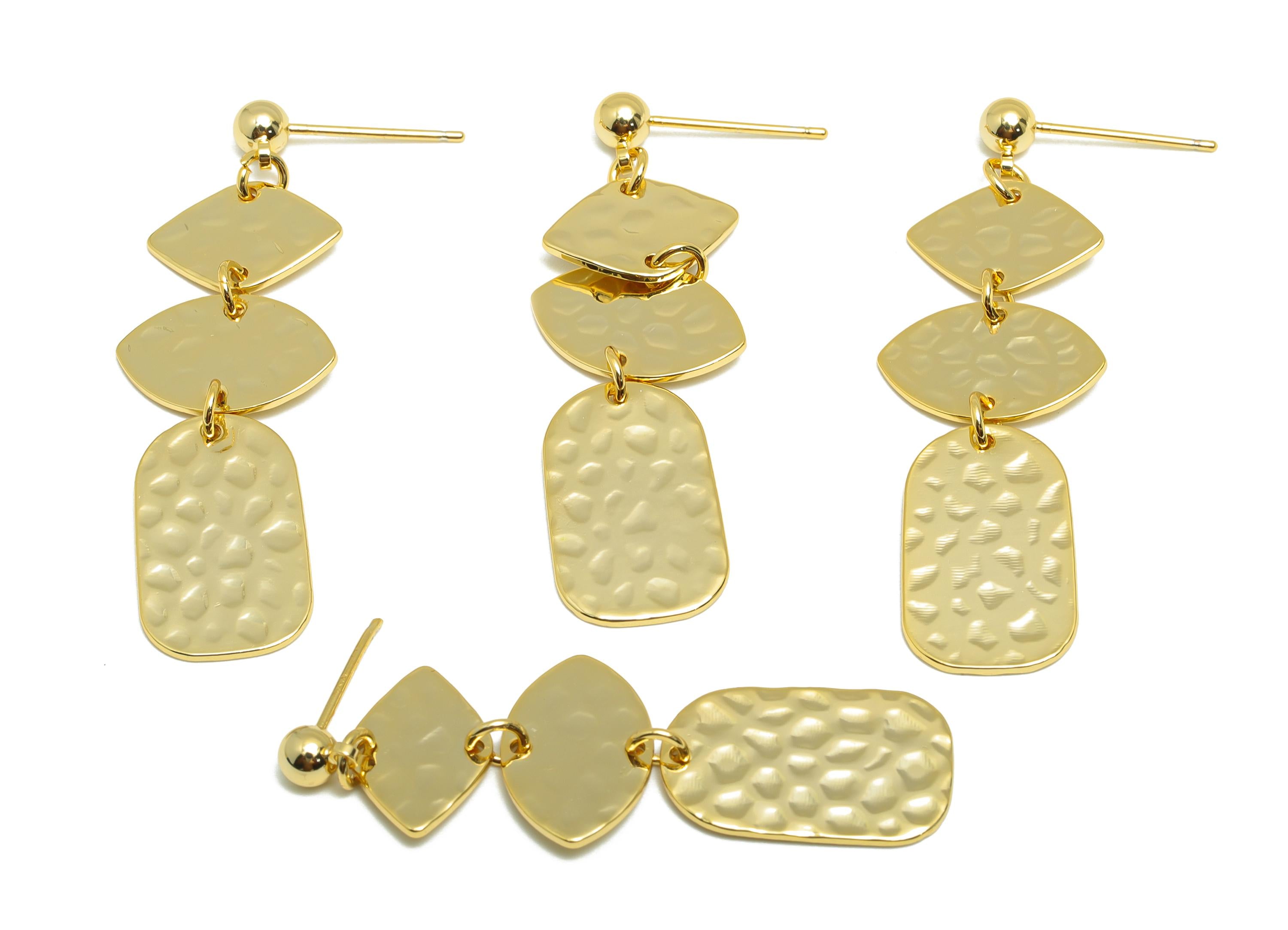 Brass Dangle Earring Stud - Geometry Earring for Women - Gold Hammered Dangle Ear Post - 18K Real Gold Plating - 41.61x11.72x0.81mm -RGP9118 - DOMEDBAZAAR