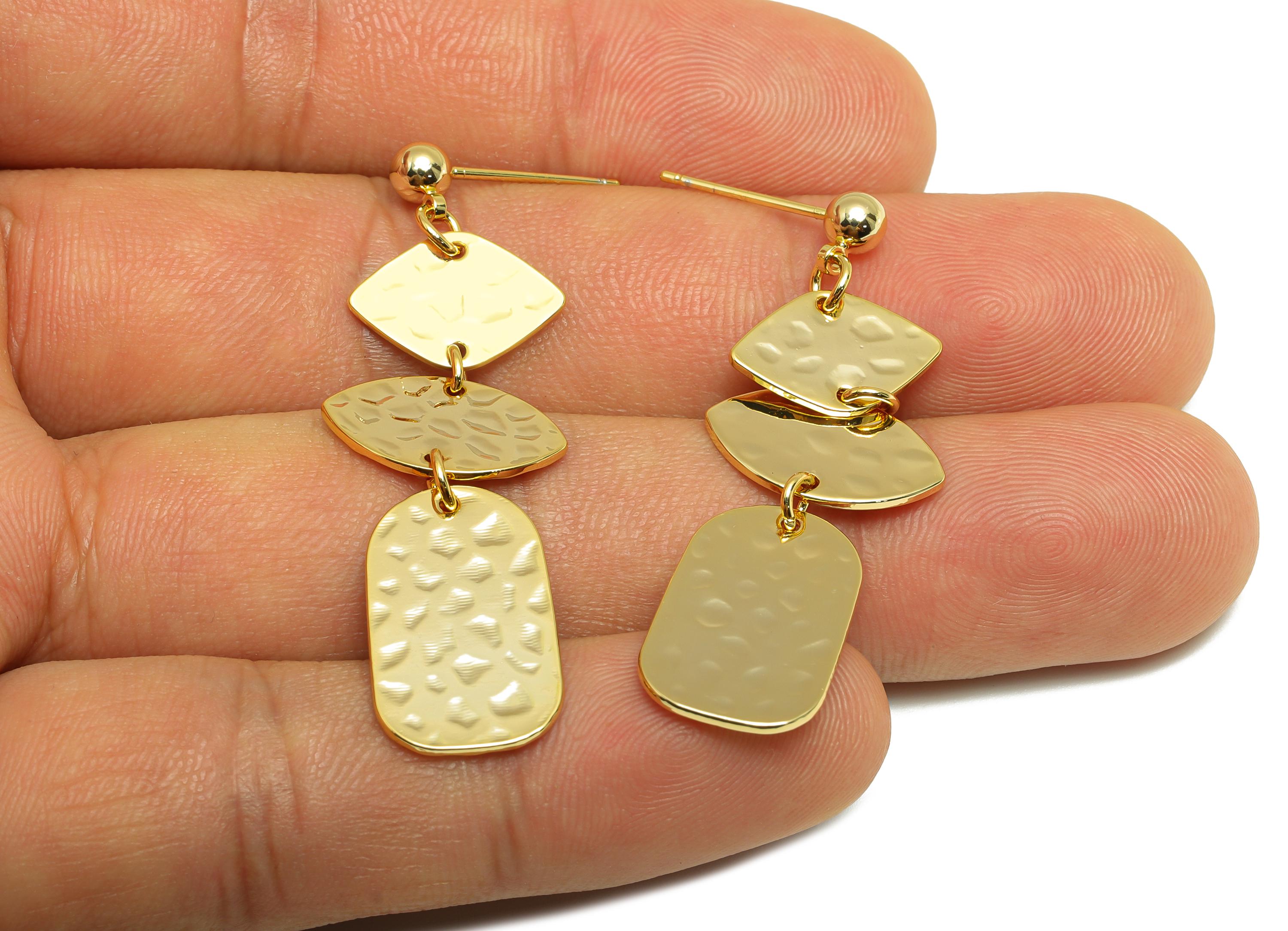 Brass Dangle Earring Stud - Geometry Earring for Women - Gold Hammered Dangle Ear Post - 18K Real Gold Plating - 41.61x11.72x0.81mm -RGP9118 - DOMEDBAZAAR