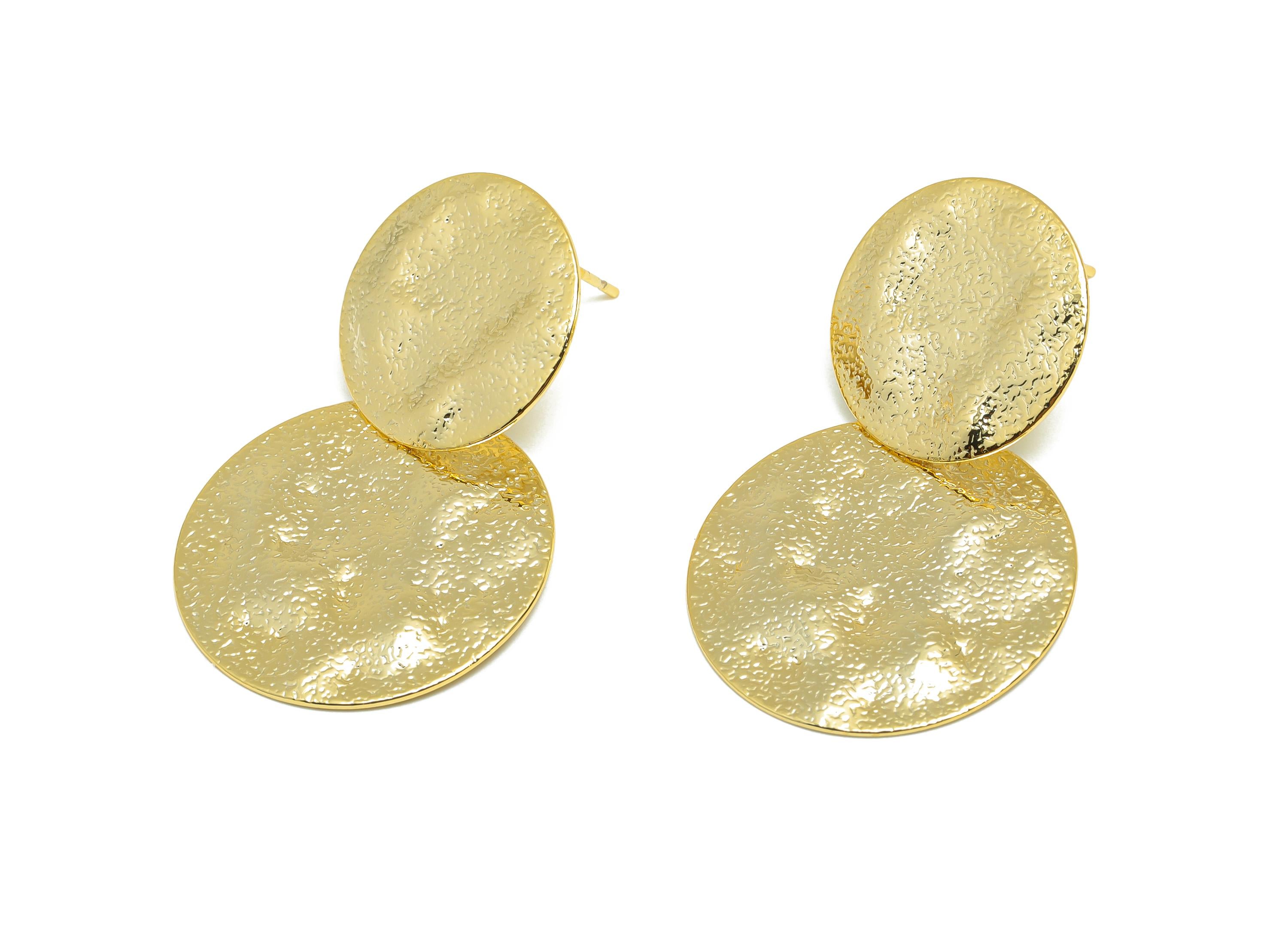 Brass Round Earring Stud - Hammered Dangle Earring for Girl - Gold Daily Wear Ear Post - 18K Real Gold Plating - 37.6x24.16x0.75mm - RGP9120 - DOMEDBAZAAR