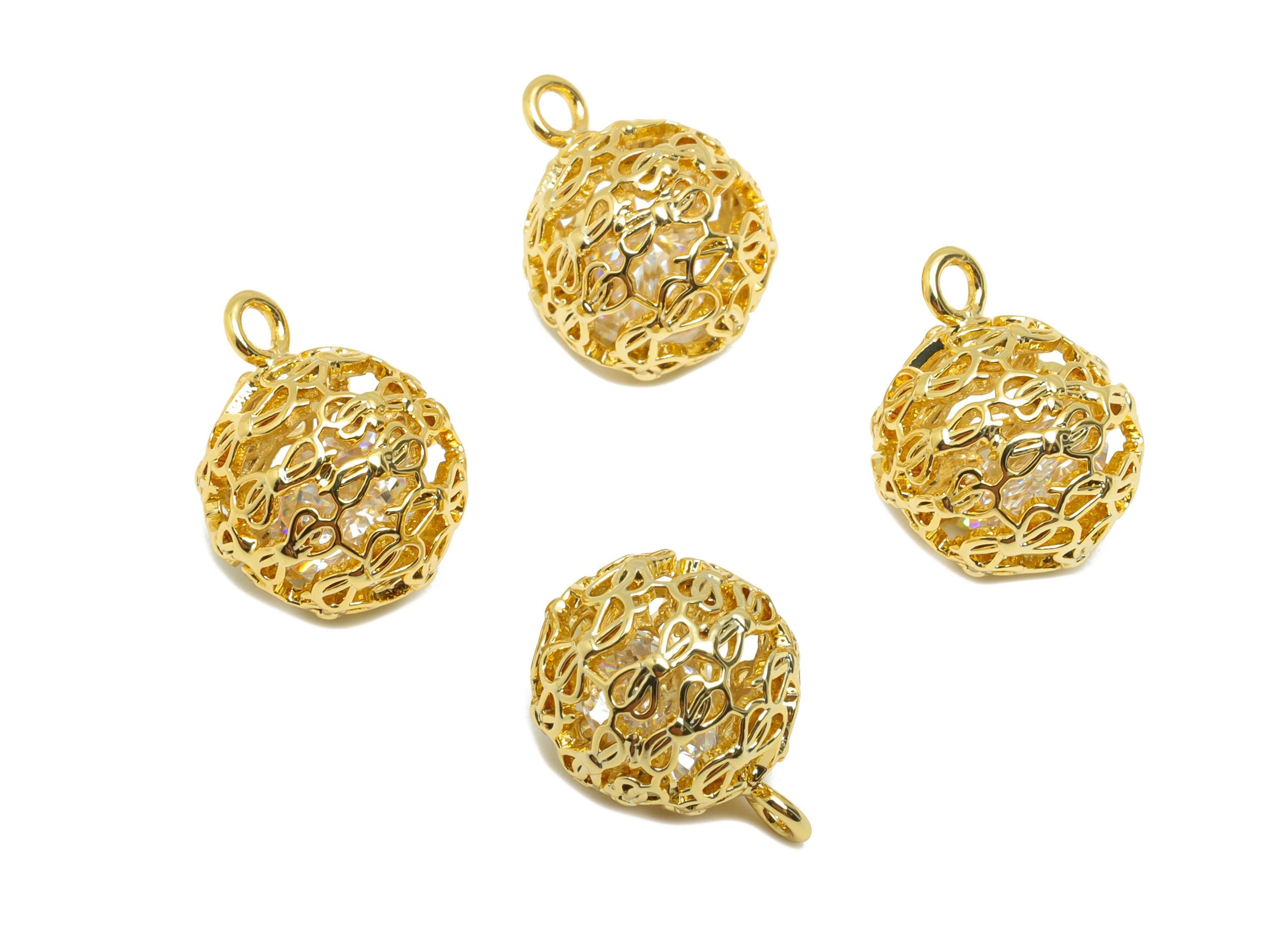 Brass Ball Earring Charm - Gold Round Hollow Charm for Bracelet - Zircon Pendant with Loop - 18K Real Gold Plating - 13x10x10mm - RGP8858 - DOMEDBAZAAR