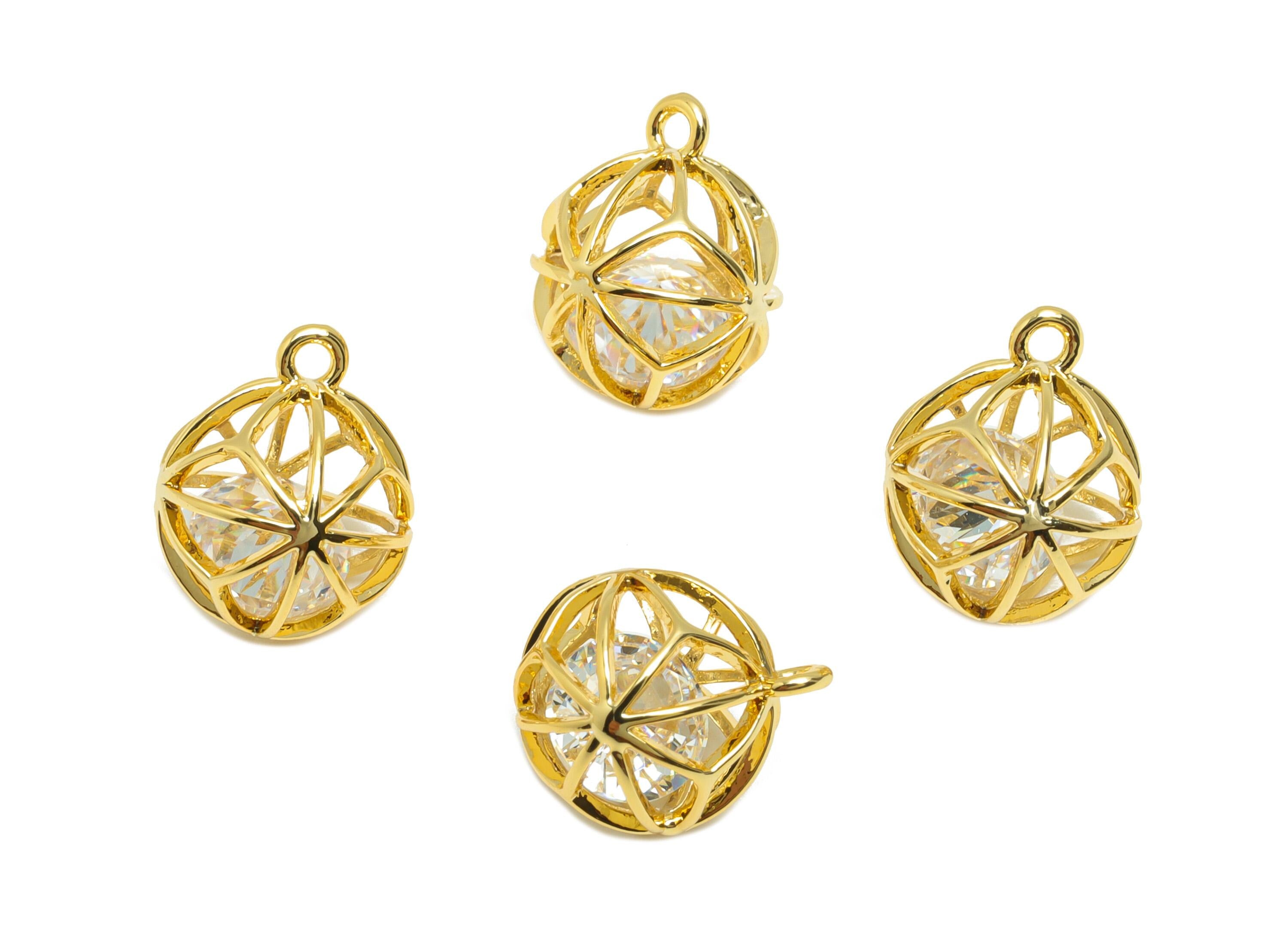 Brass Ball Earring Charm - Gold Round Hollow Charm for Bracelet - Zircon Pendant with Loop - 18K Real Gold Plating - 12x10x10mm - RGP8865 - DOMEDBAZAAR