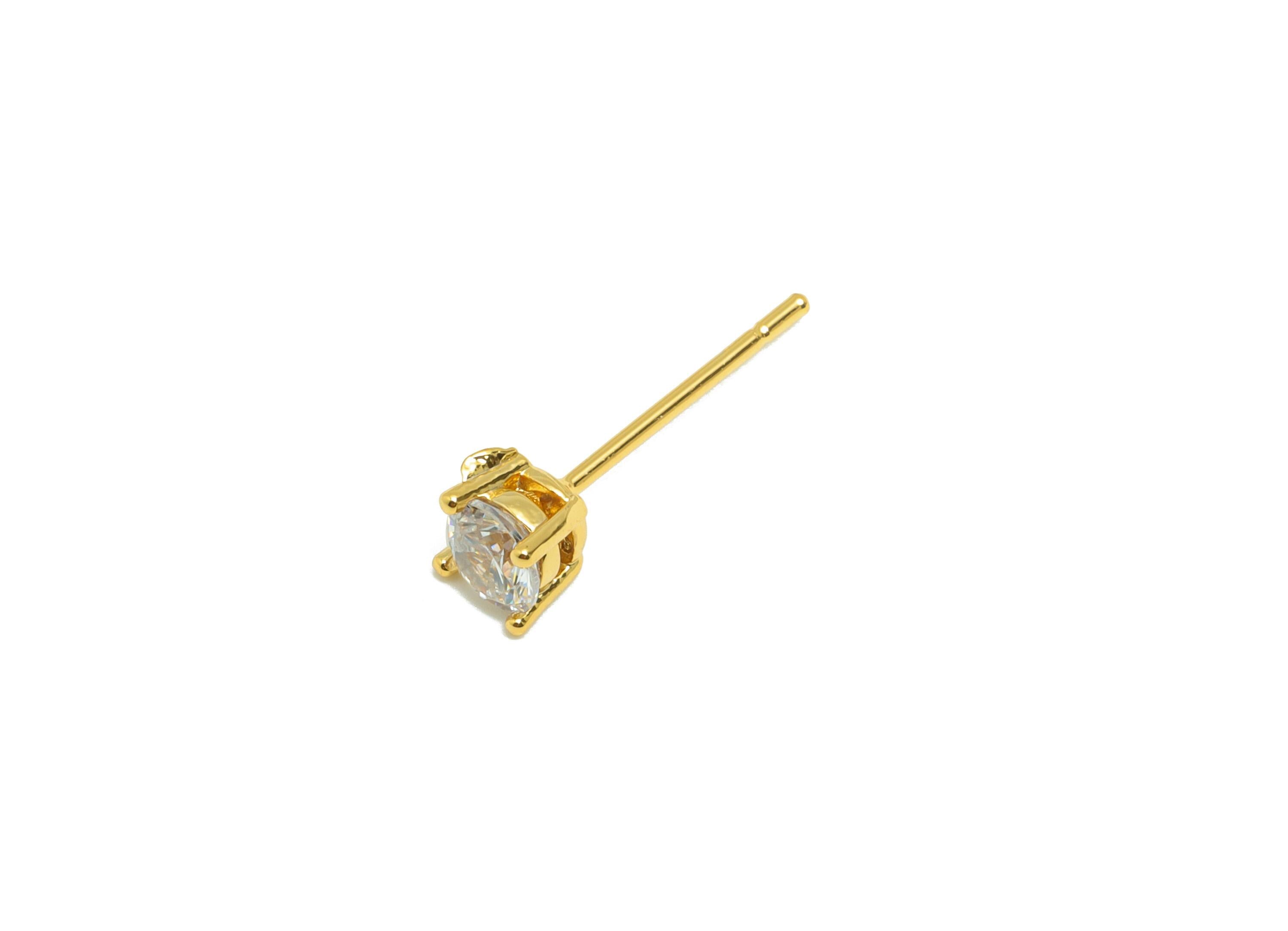 Gold Round Zircon Earring - Tiny Diamond Earring Post - Brass Everyday Wear Solitaire Earring - 18K Real Gold Plating - 15.5x4x4mm - RGP8866 - DOMEDBAZAAR