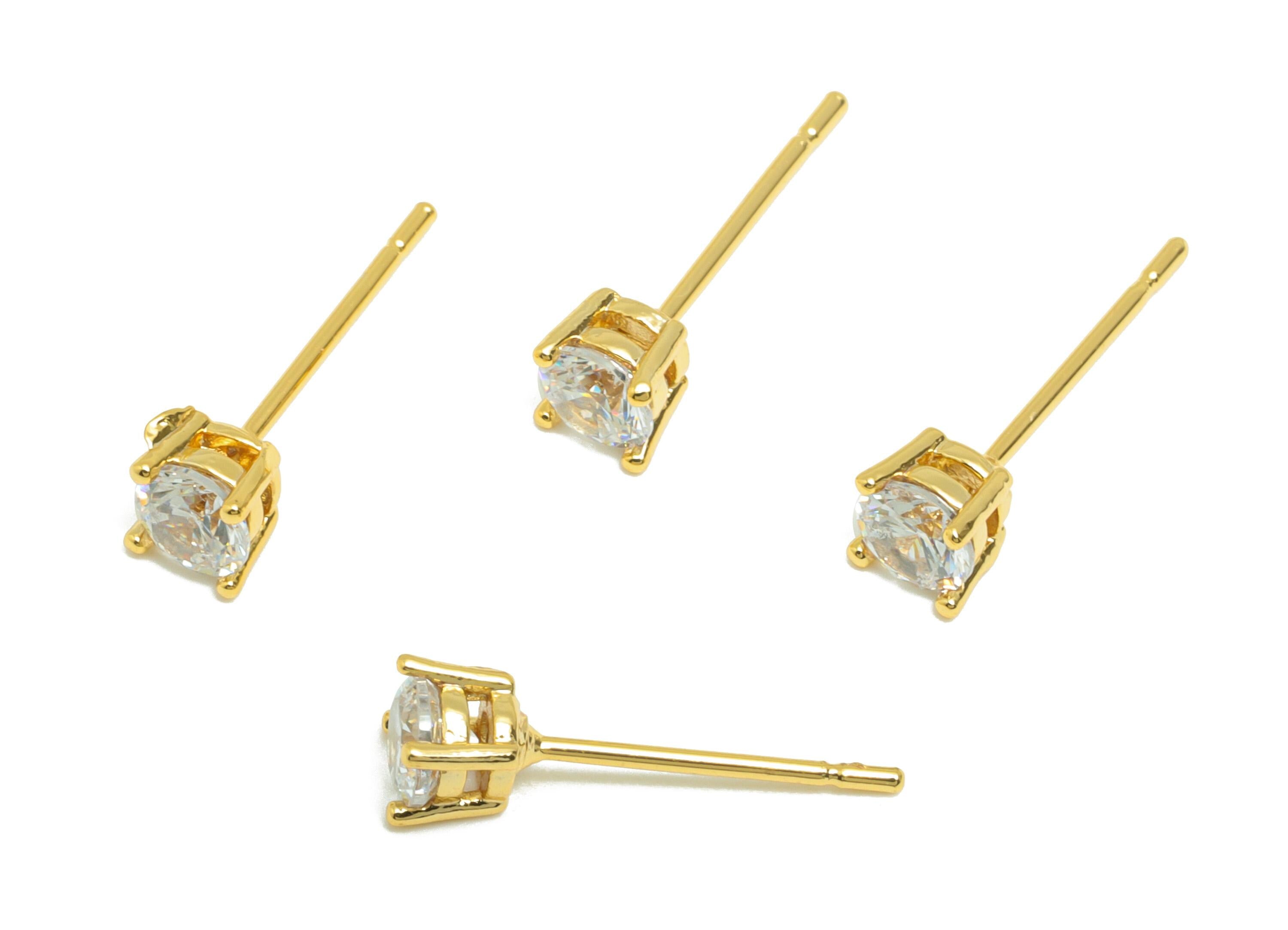 Gold Round Zircon Earring - Tiny Diamond Earring Post - Brass Everyday Wear Solitaire Earring - 18K Real Gold Plating - 15.5x4x4mm - RGP8866 - DOMEDBAZAAR