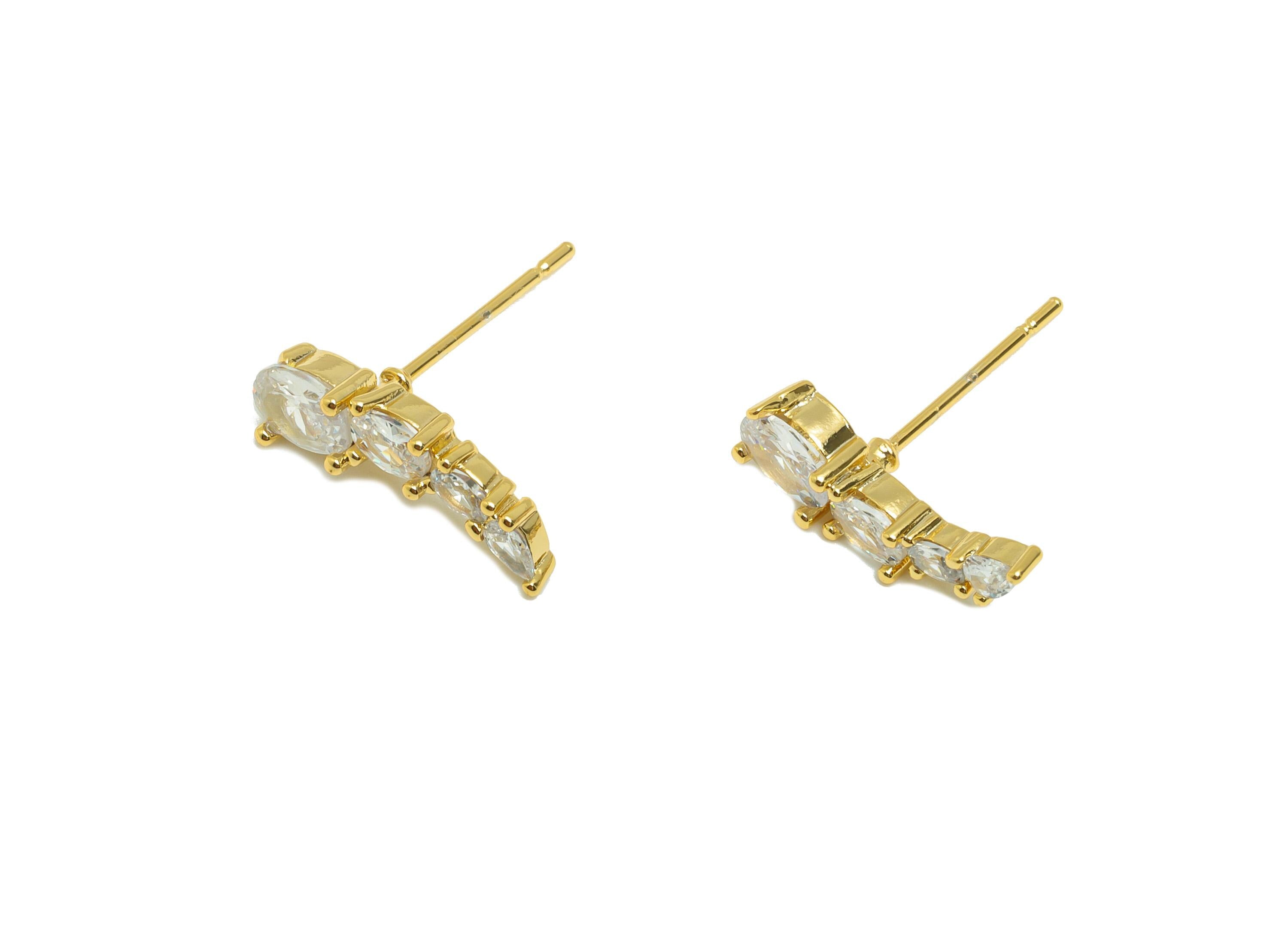 Gold Minimalist Zircon Earring - Curved Diamond Bar Earring Post - Brass Everyday Wear Ear - 18K Real Gold Plating - 16.1x5.3x3.3mm- RGP8868 - DOMEDBAZAAR